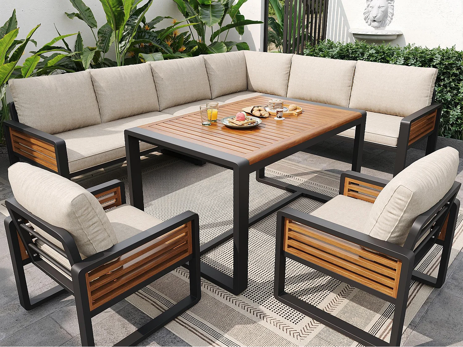 Salon de jardin, ensemble de meubles en bois-plastique pour 6-8 personnes  - canapé d'angle - en fer galvanisé - tables - 2 Chaises - Acacia, Beige