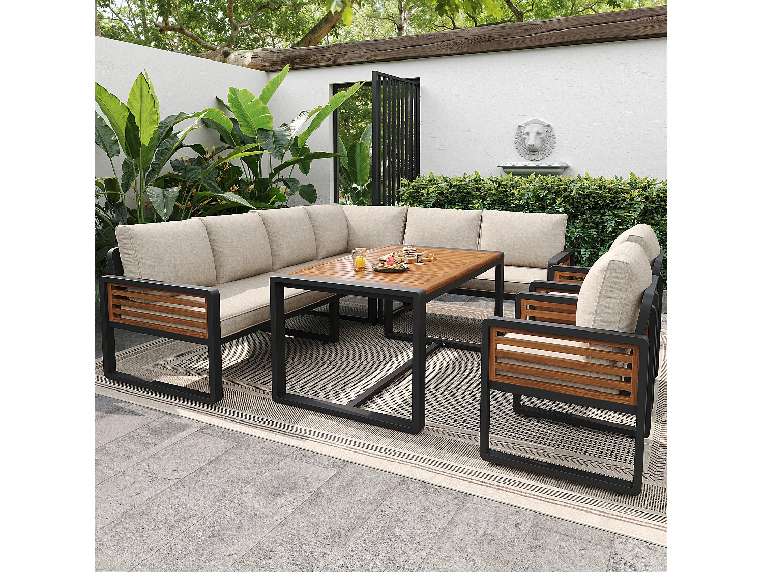 Salon de jardin, ensemble de meubles en bois-plastique pour 6-8 personnes  - canapé d'angle - en fer galvanisé - tables - 2 Chaises - Acacia, Beige