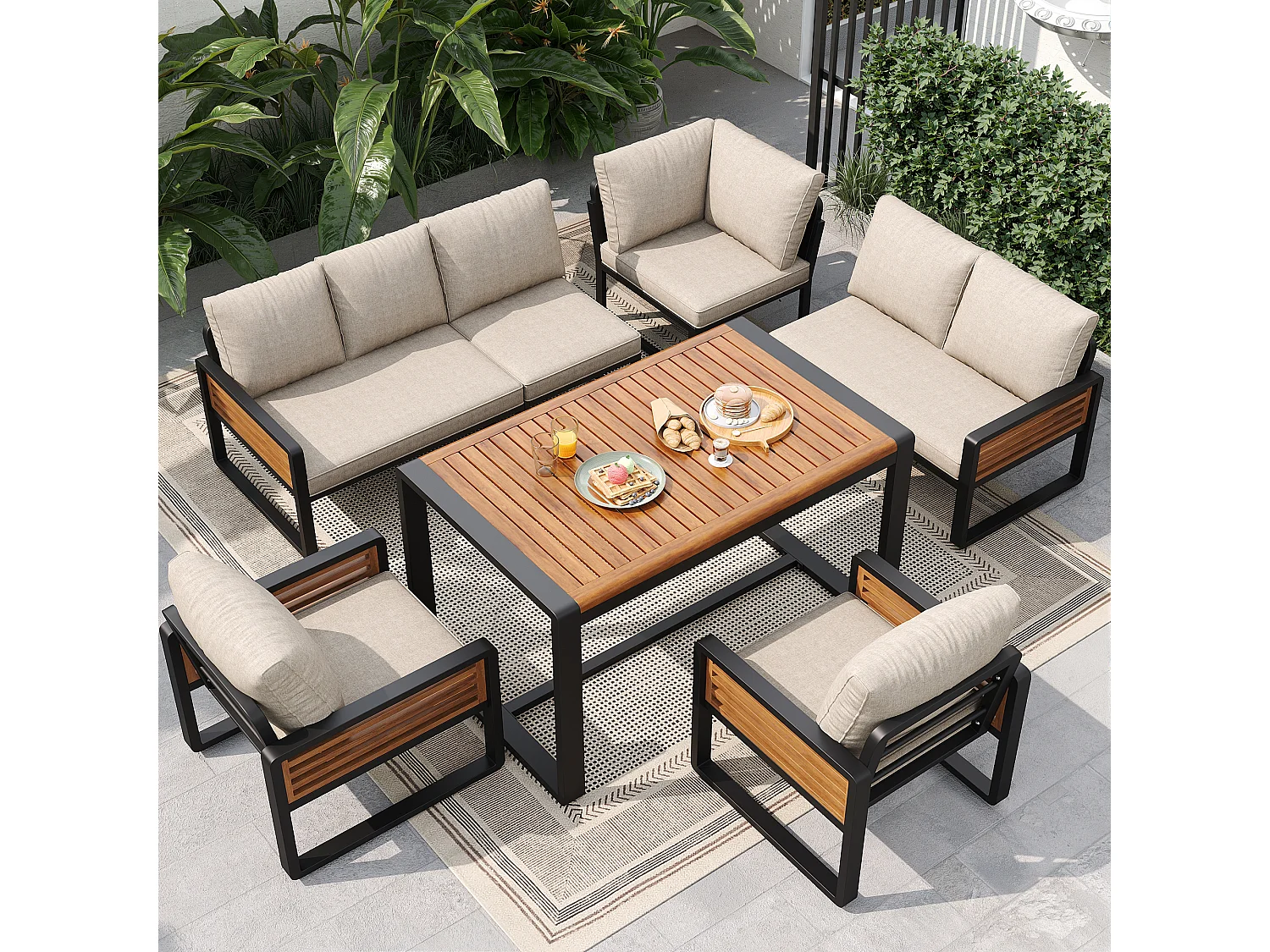 Salon de jardin, ensemble de meubles en bois-plastique pour 6-8 personnes  - canapé d'angle - en fer galvanisé - tables - 2 Chaises - Acacia, Beige