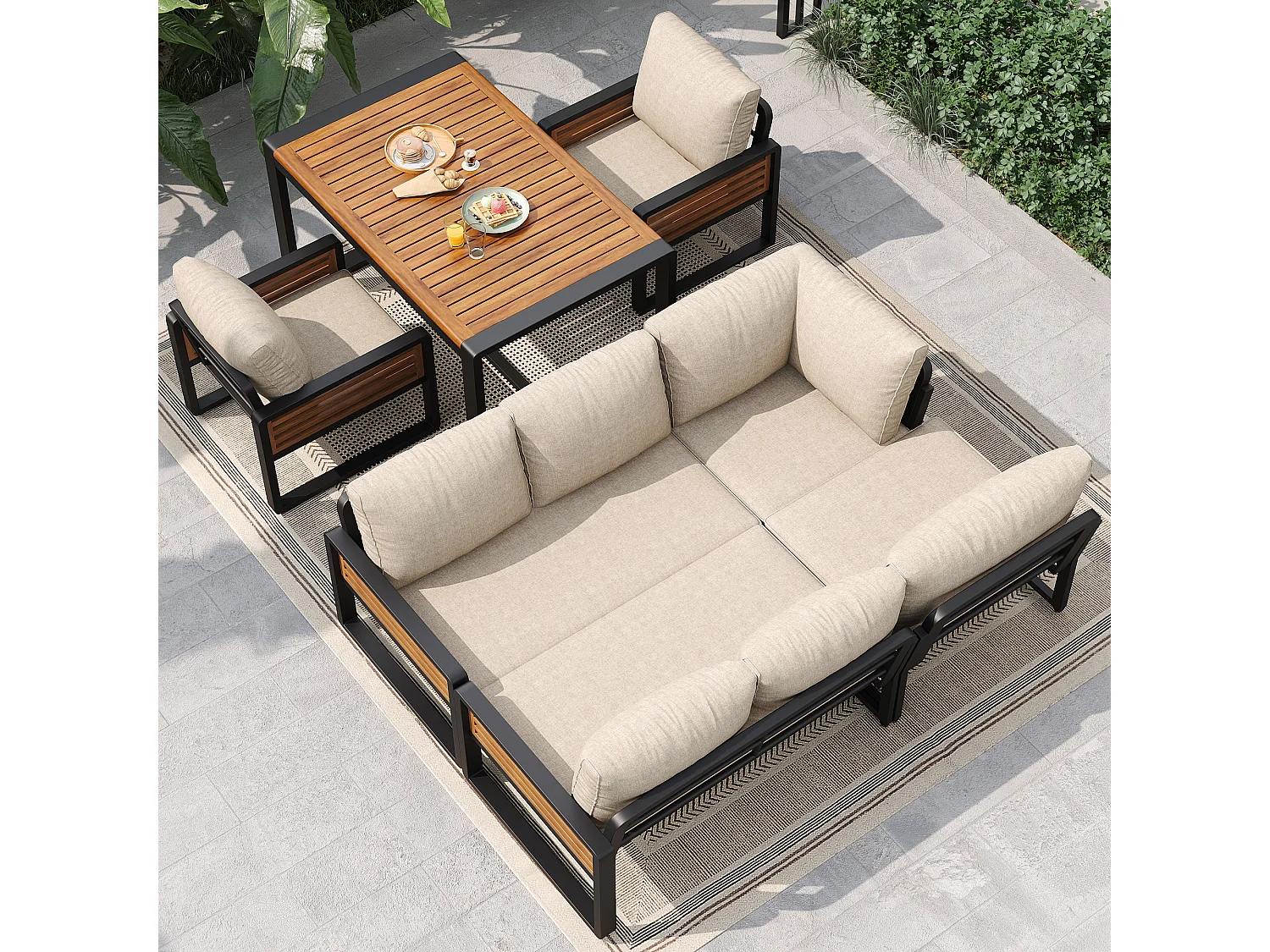 Salon de jardin, ensemble de meubles en bois-plastique pour 6-8 personnes  - canapé d'angle - en fer galvanisé - tables - 2 Chaises - Acacia, Beige