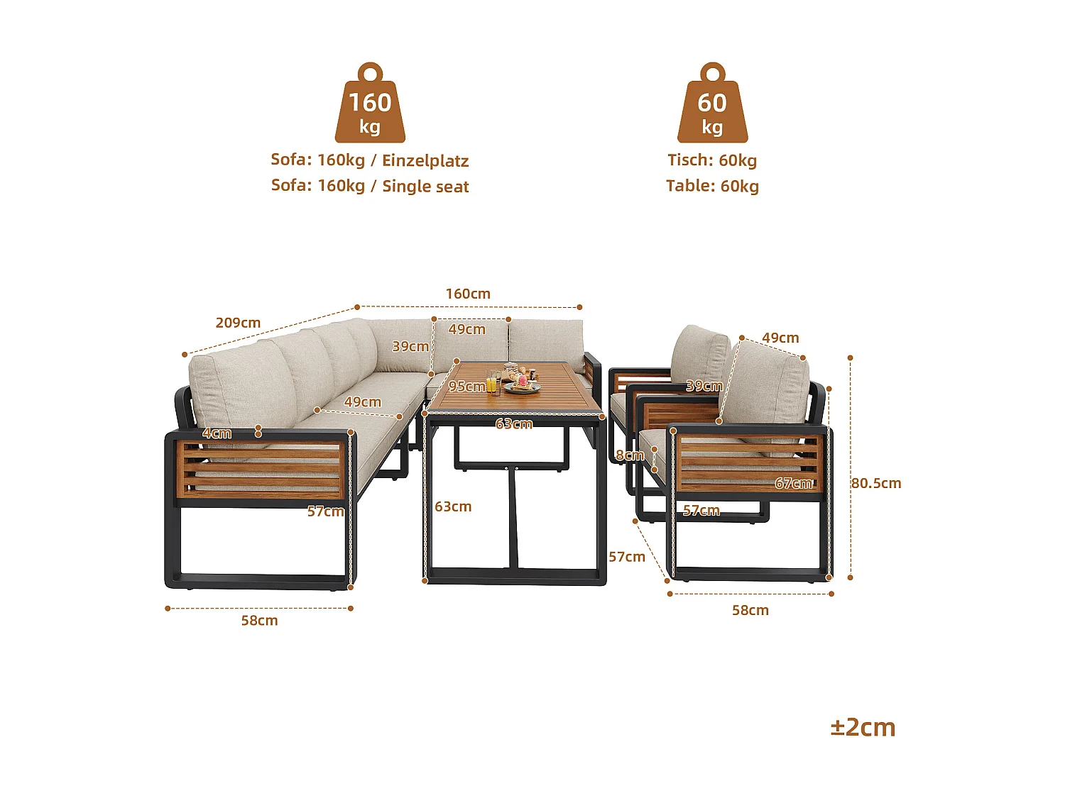 Salon de jardin, ensemble de meubles en bois-plastique pour 6-8 personnes  - canapé d'angle - en fer galvanisé - tables - 2 Chaises - Acacia, Beige