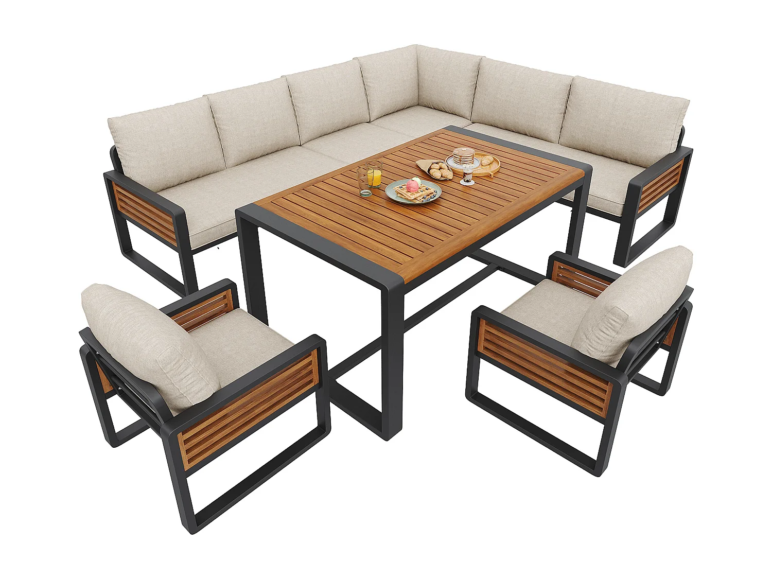 Salon de jardin, ensemble de meubles en bois-plastique pour 6-8 personnes  - canapé d'angle - en fer galvanisé - tables - 2 Chaises - Acacia, Beige