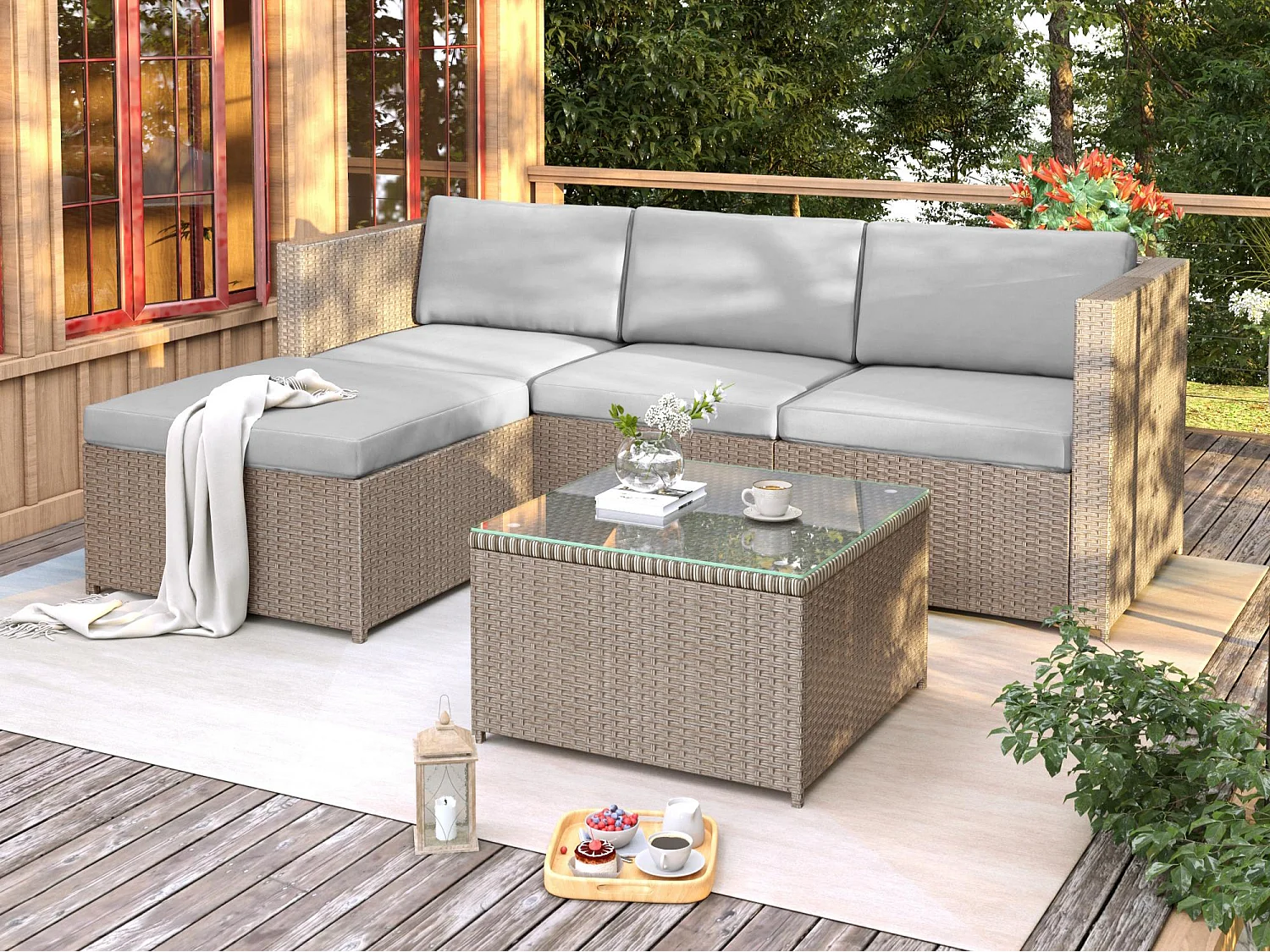 Salon de jardin en résine tressée - Canapé d'angle extérieur avec table basse - 4 places - Khaki