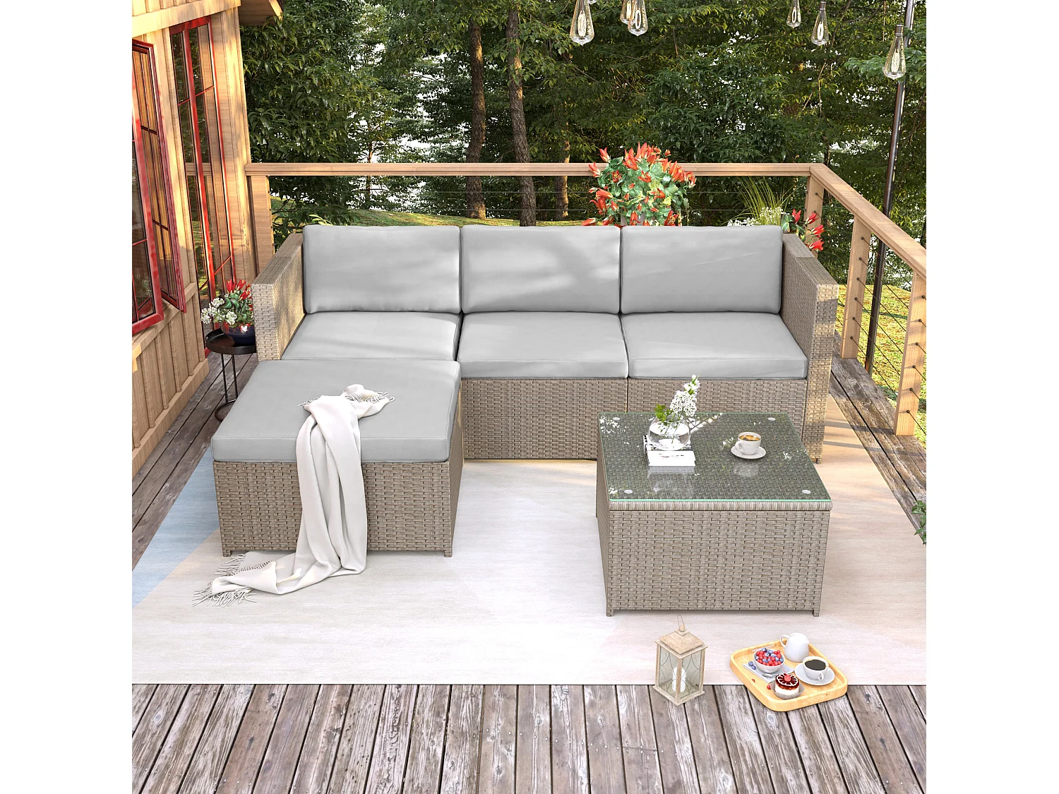 Salon de jardin en résine tressée - Canapé d'angle extérieur avec table basse - 4 places - Khaki