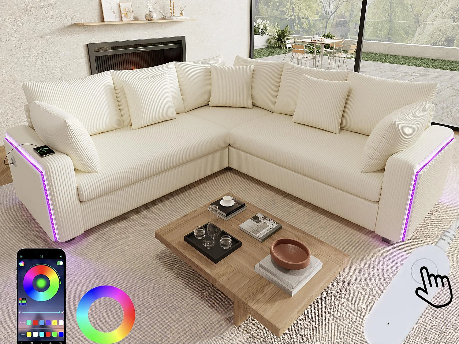 Canapé d'angle en L - 4 places - avec éclairage LED - port de chargement USB - velours côtelé- beige