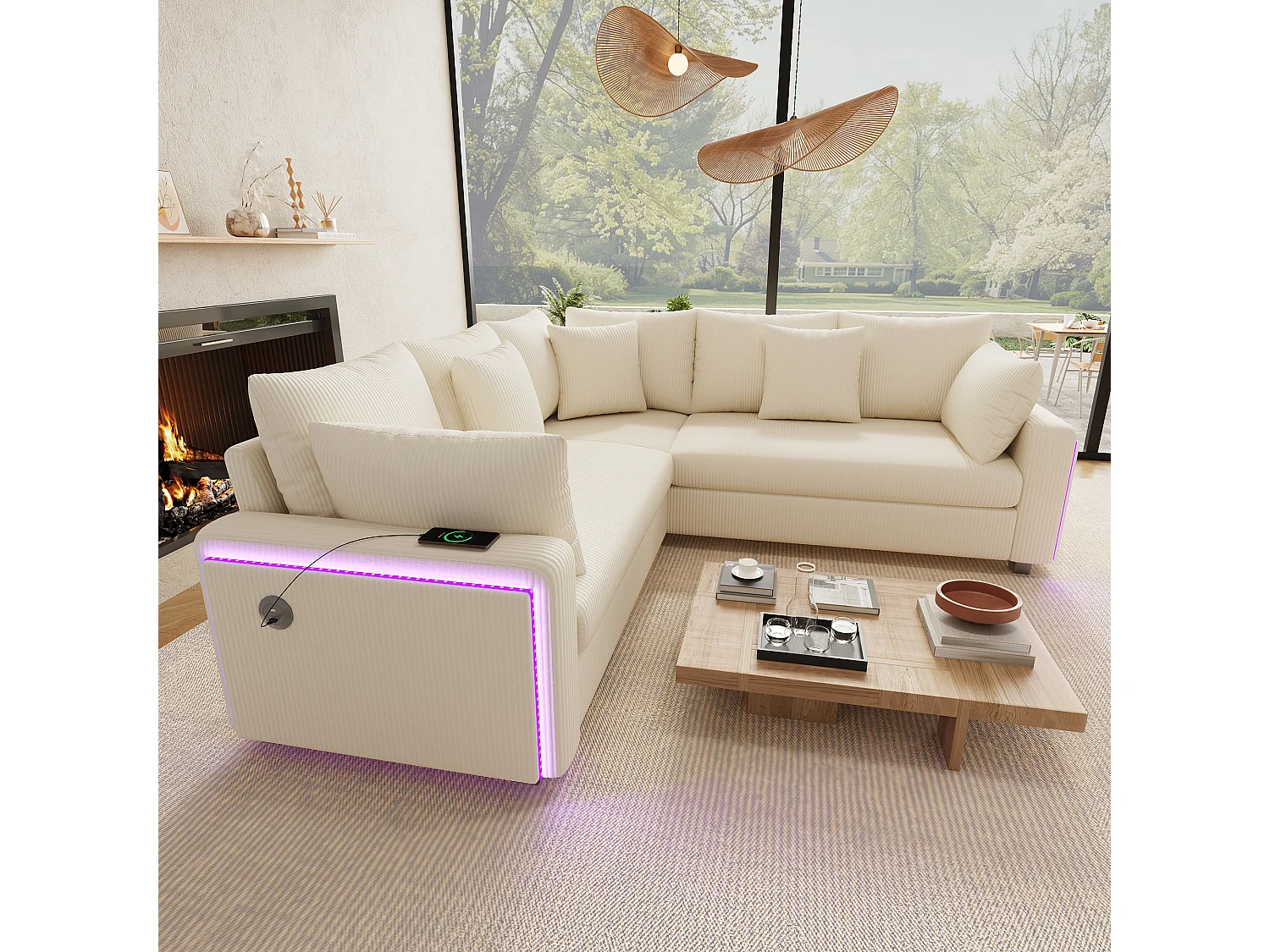 Canapé d'angle en L - 4 places - avec éclairage LED - port de chargement USB - velours côtelé- beige
