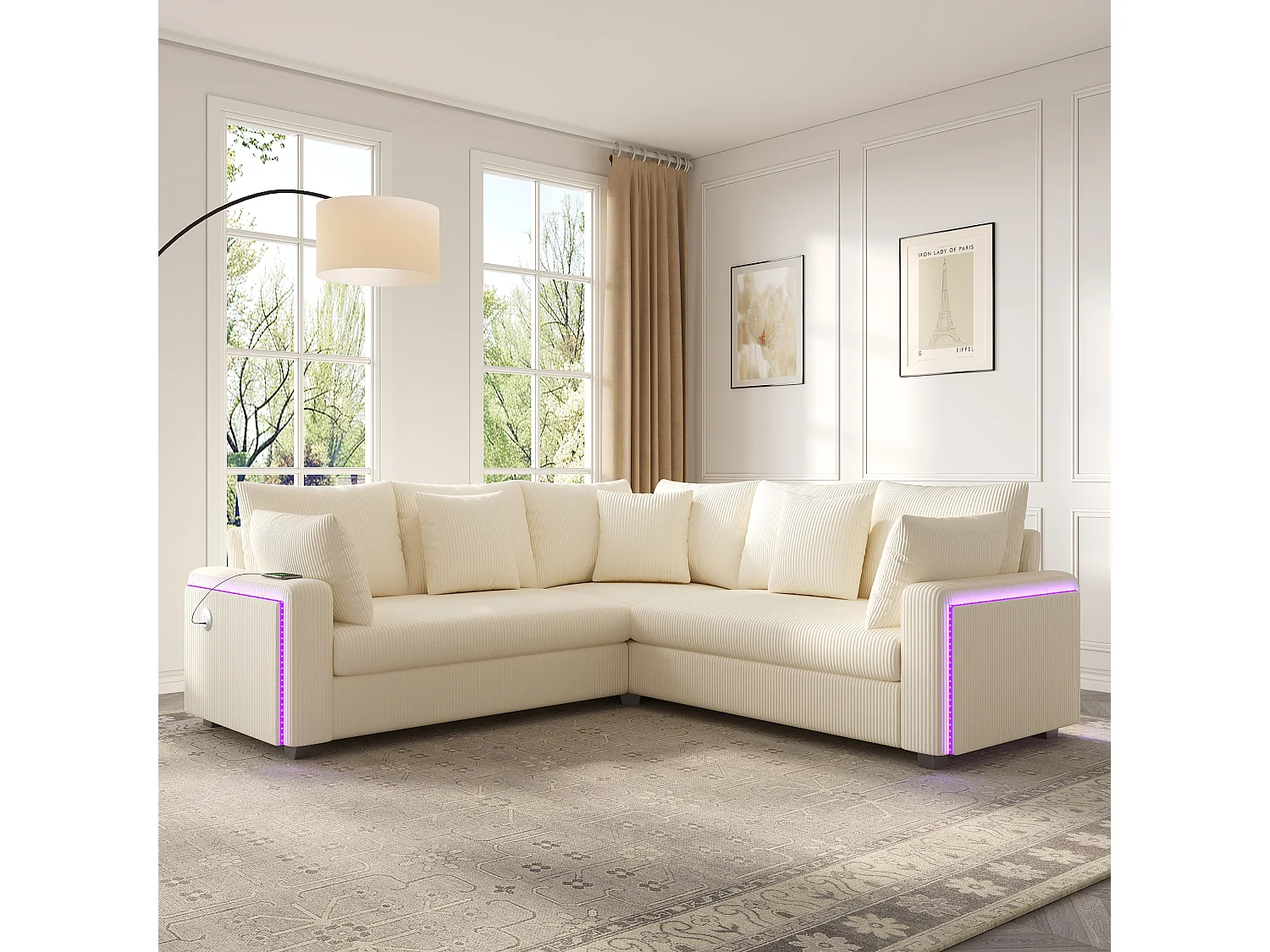 Canapé d'angle en L - 4 places - avec éclairage LED - port de chargement USB - velours côtelé- beige