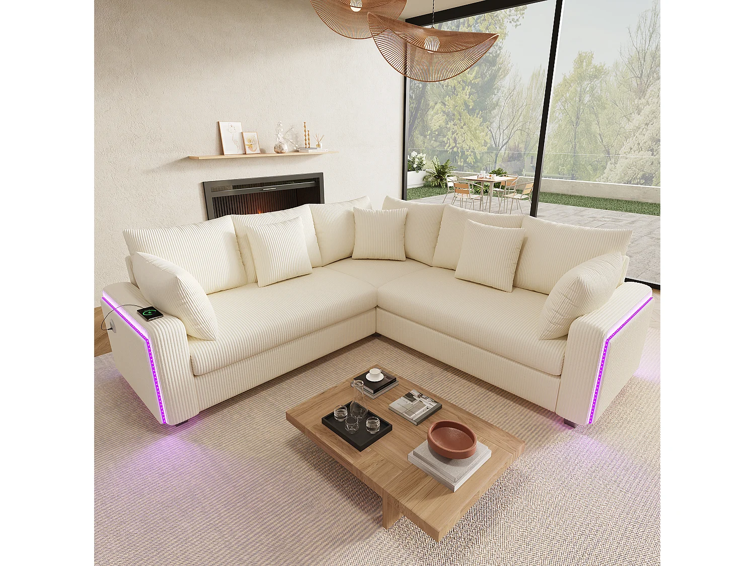 Canapé d'angle en L - 4 places - avec éclairage LED - port de chargement USB - velours côtelé- beige