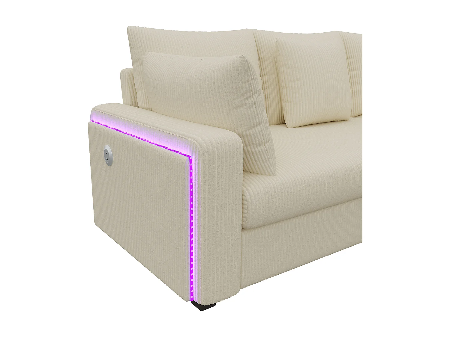 Canapé d'angle en L - 4 places - avec éclairage LED - port de chargement USB - velours côtelé- beige