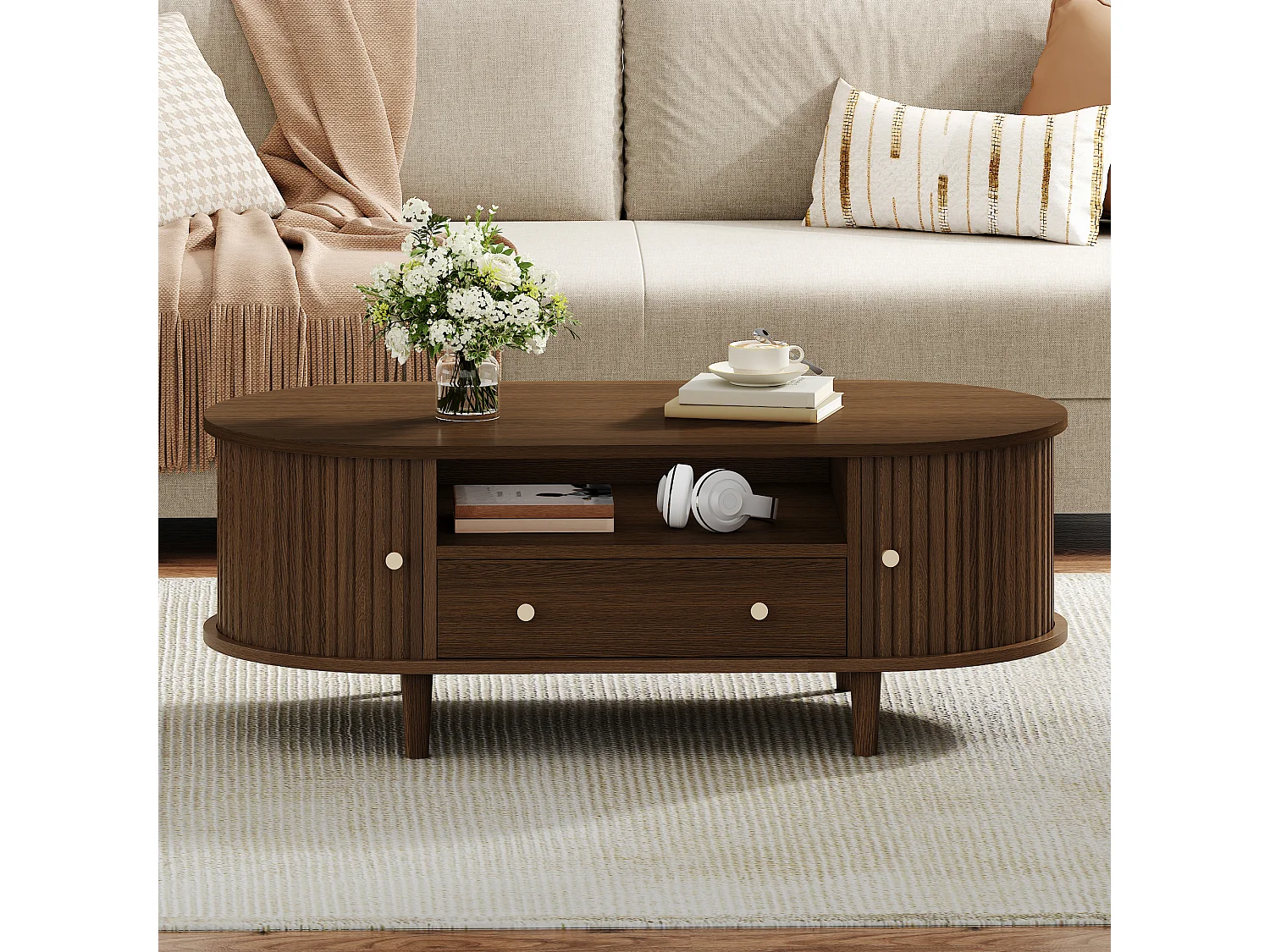 Ovaler Beistelltisch 100x50x36 cm - 1 Schublade und 2 Schiebetüren - Offener Stauraum - Nussbaumfurnier - MDF - Braun