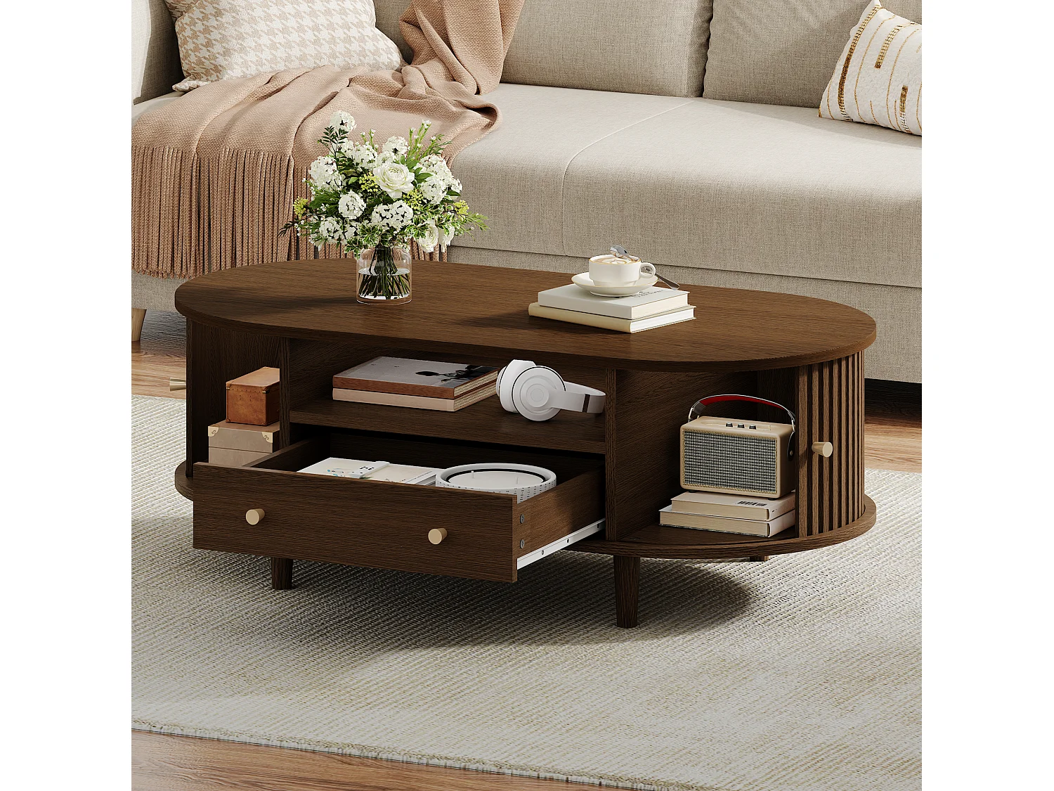 Ovaler Beistelltisch 100x50x36 cm - 1 Schublade und 2 Schiebetüren - Offener Stauraum - Nussbaumfurnier - MDF - Braun