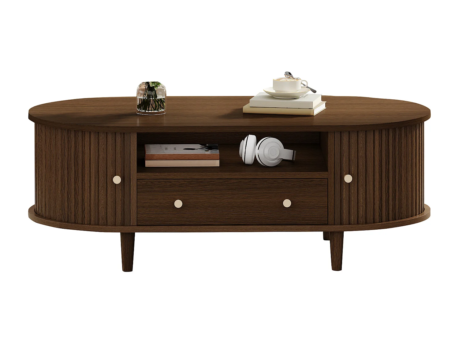 Ovaler Beistelltisch 100x50x36 cm - 1 Schublade und 2 Schiebetüren - Offener Stauraum - Nussbaumfurnier - MDF - Braun