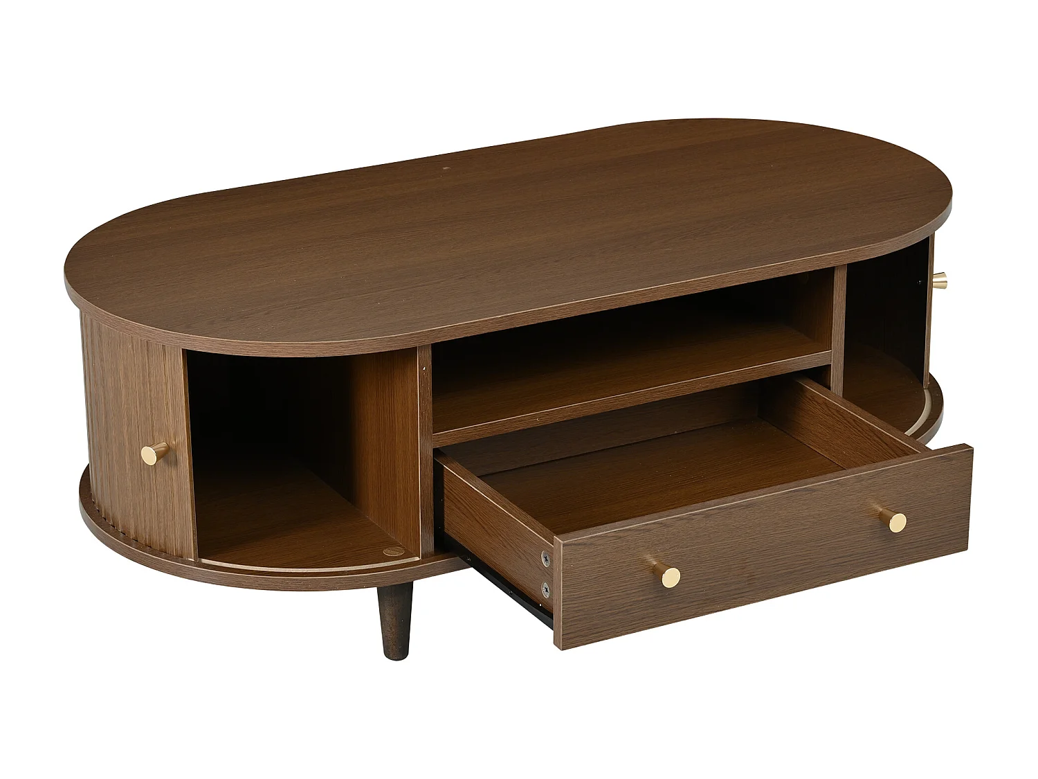 Ovaler Beistelltisch 100x50x36 cm - 1 Schublade und 2 Schiebetüren - Offener Stauraum - Nussbaumfurnier - MDF - Braun