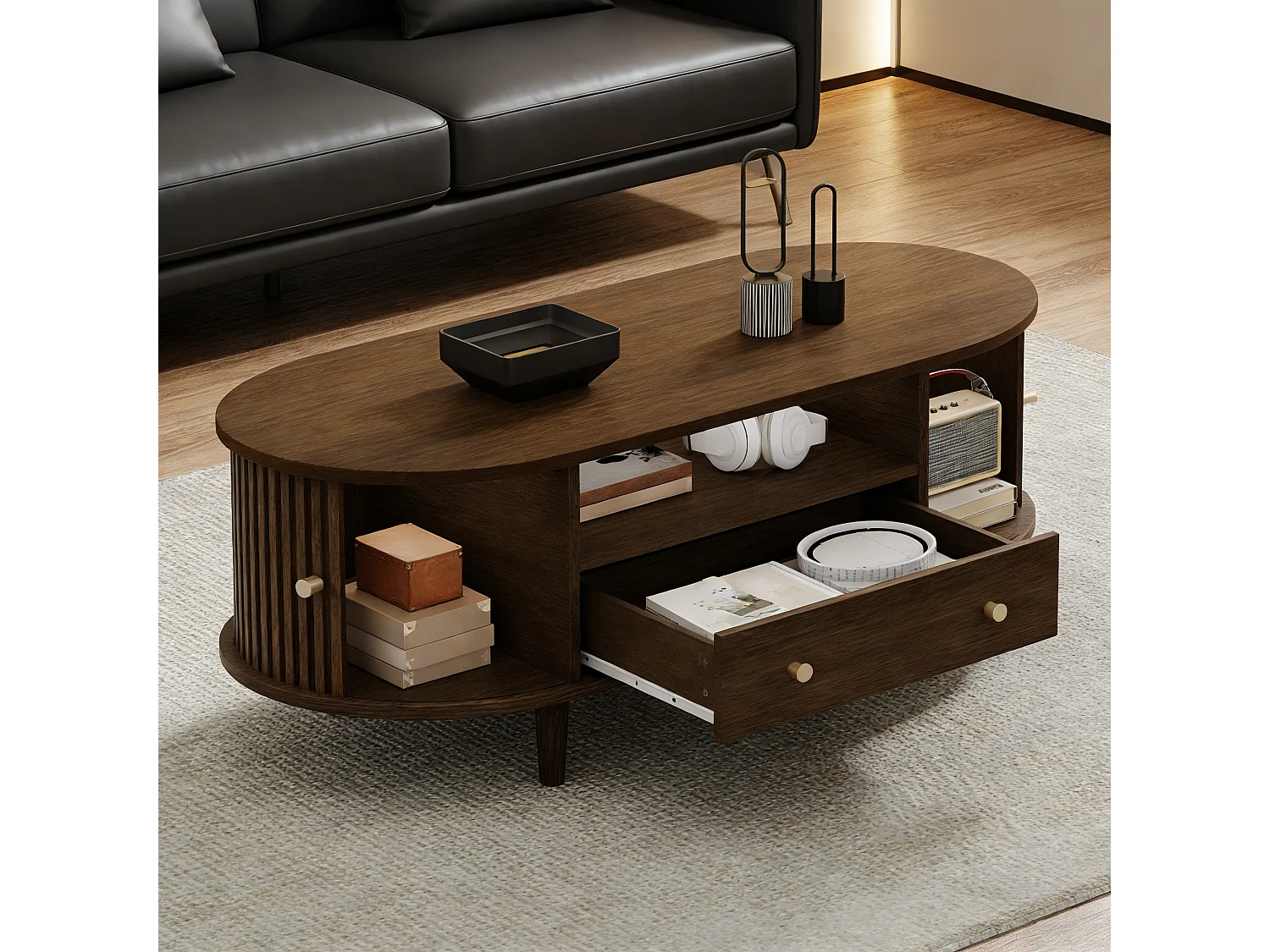 Ovaler Beistelltisch 100x50x36 cm - 1 Schublade und 2 Schiebetüren - Offener Stauraum - Nussbaumfurnier - MDF - Braun