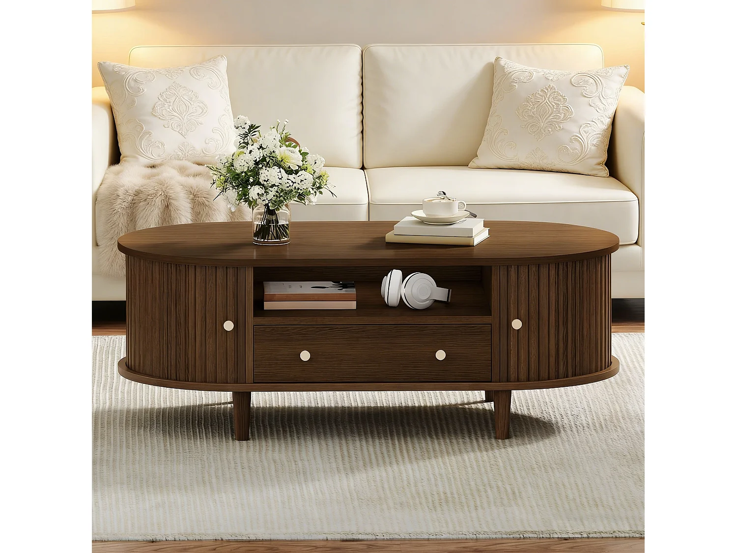 Ovaler Beistelltisch 100x50x36 cm - 1 Schublade und 2 Schiebetüren - Offener Stauraum - Nussbaumfurnier - MDF - Braun