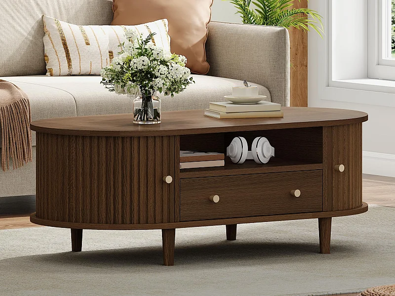 Ovaler Beistelltisch 100x50x36 cm - 1 Schublade und 2 Schiebetüren - Offener Stauraum - Nussbaumfurnier - MDF - Braun