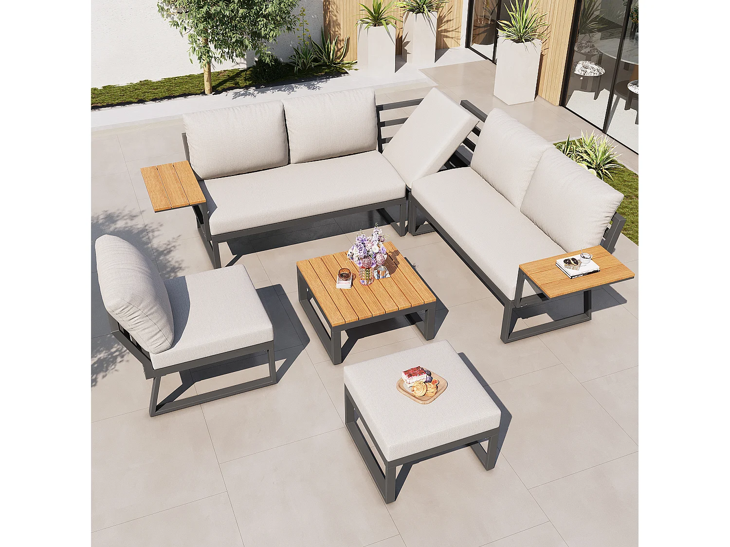 Salon de jardin, ensemble de meubles en bois-plastique pour 6-7 personnes  - canapé d'angle - en fer galvanisé - tables - 1 Chaise - banc, Beige