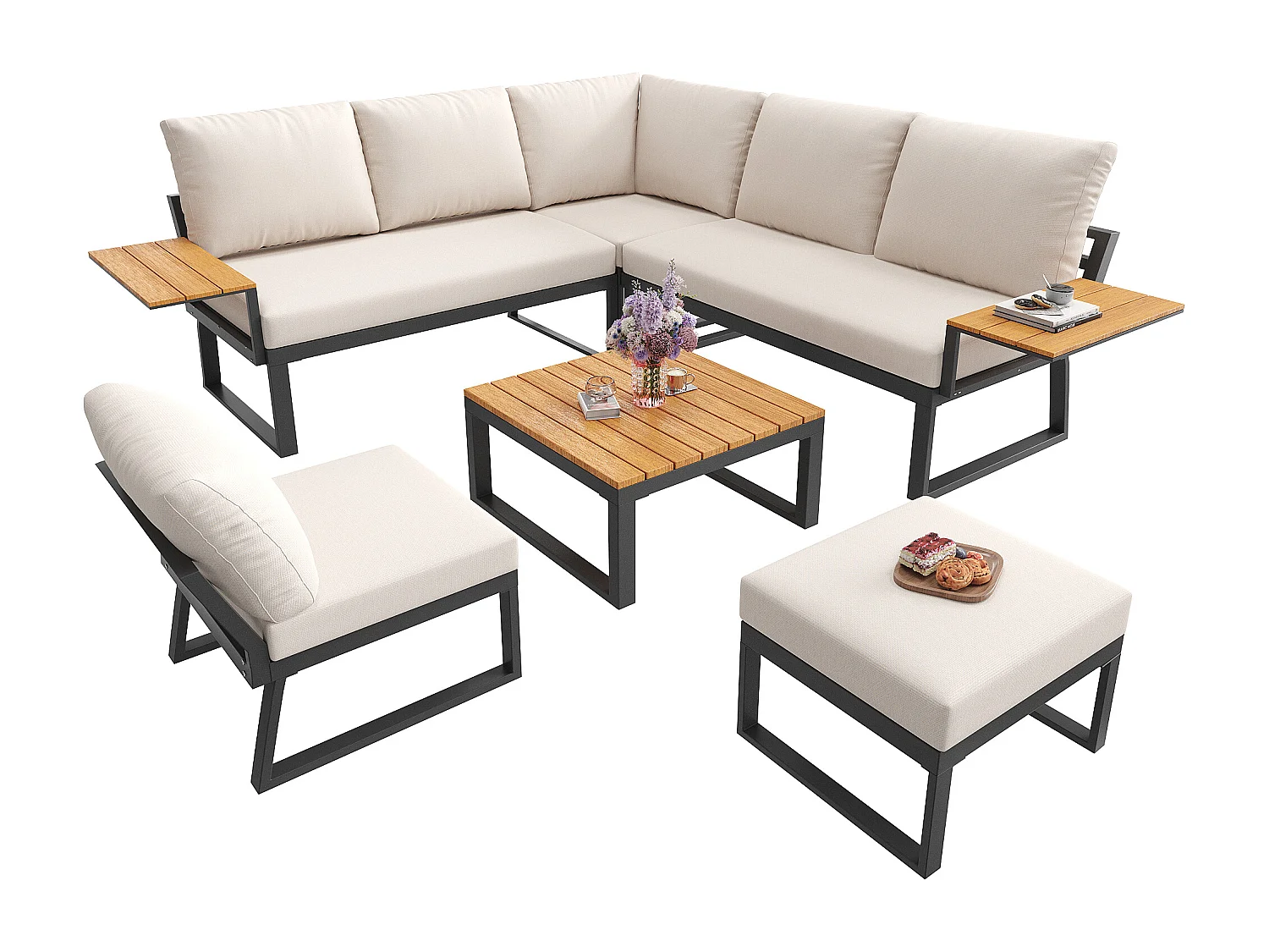 Salon de jardin, ensemble de meubles en bois-plastique pour 6-7 personnes  - canapé d'angle - en fer galvanisé - tables - 1 Chaise - banc, Beige