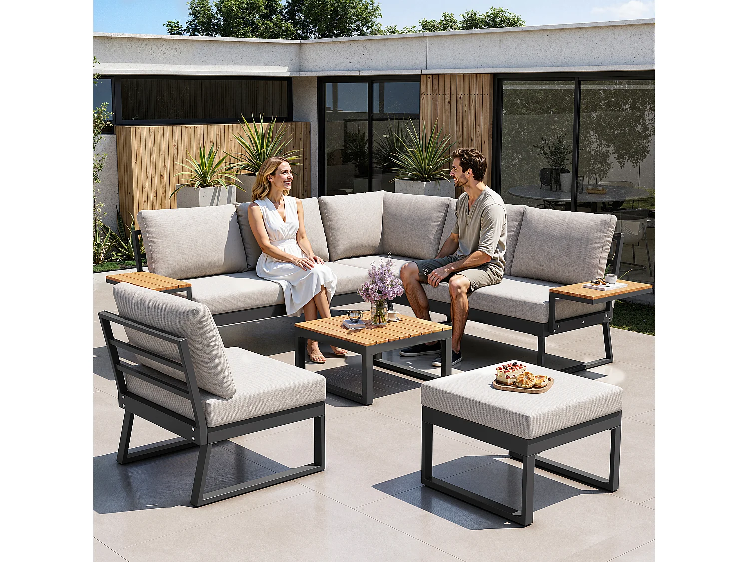 Salon de jardin, ensemble de meubles en bois-plastique pour 6-7 personnes  - canapé d'angle - en fer galvanisé - tables - 1 Chaise - banc, Beige
