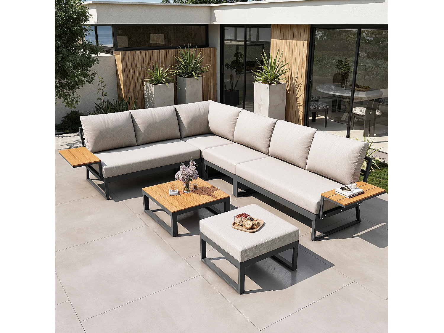 Salon de jardin, ensemble de meubles en bois-plastique pour 6-7 personnes  - canapé d'angle - en fer galvanisé - tables - 1 Chaise - banc, Beige