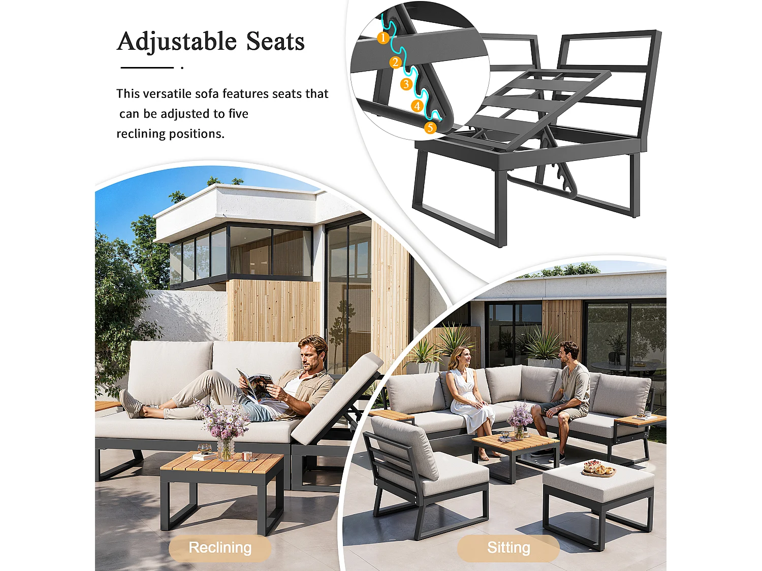 Salon de jardin, ensemble de meubles en bois-plastique pour 6-7 personnes  - canapé d'angle - en fer galvanisé - tables - 1 Chaise - banc, Beige