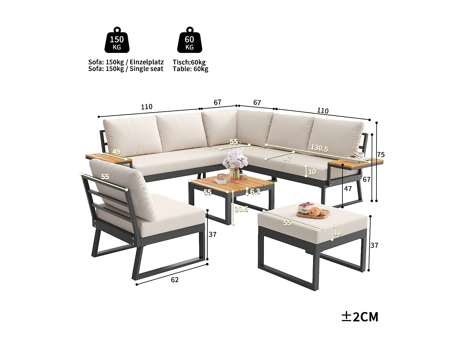 Salon de jardin, ensemble de meubles en bois-plastique pour 6-7 personnes  - canapé d'angle - en fer galvanisé - tables - 1 Chaise - banc, Beige