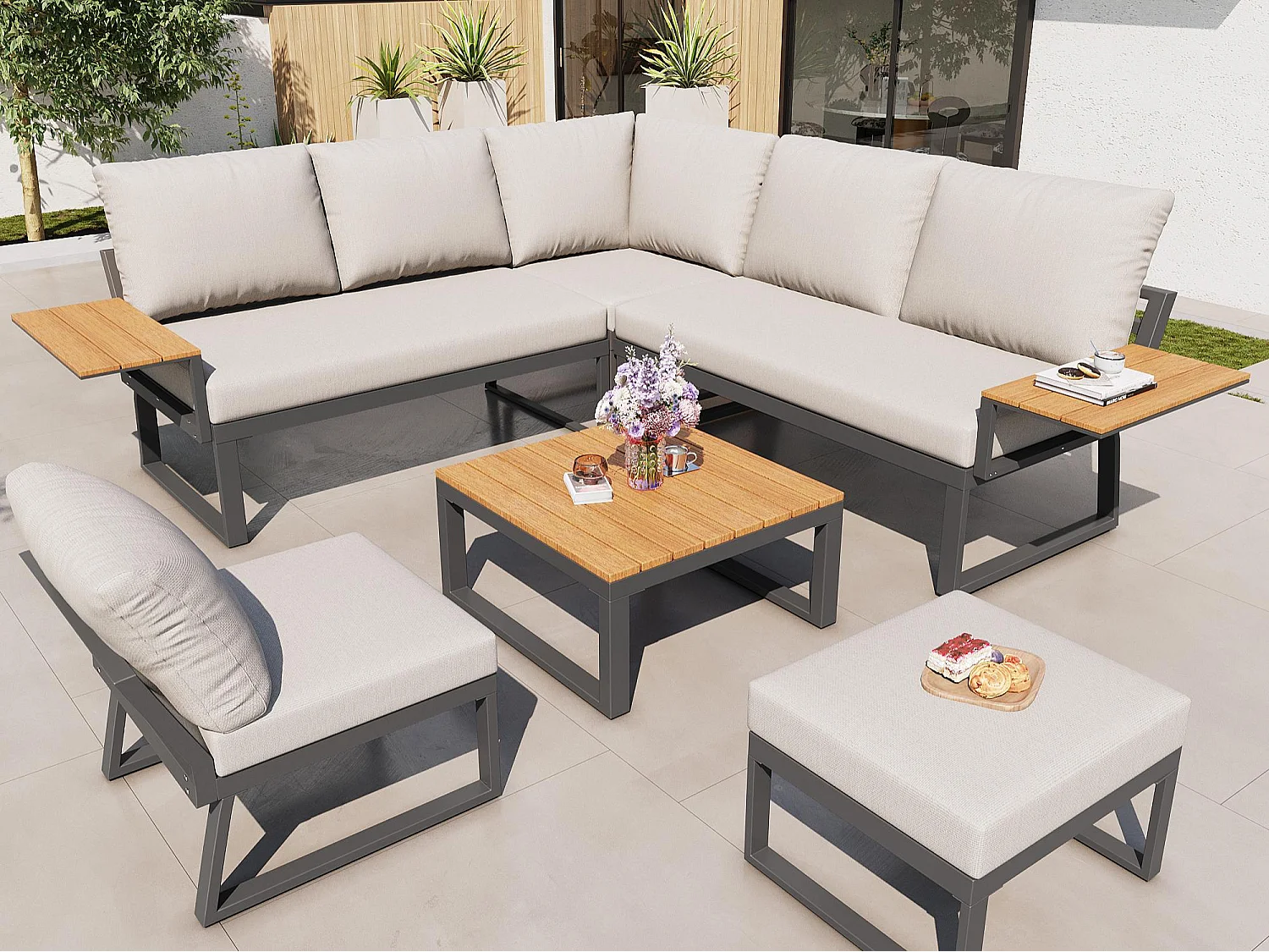 Salon de jardin, ensemble de meubles en bois-plastique pour 6-7 personnes  - canapé d'angle - en fer galvanisé - tables - 1 Chaise - banc, Beige