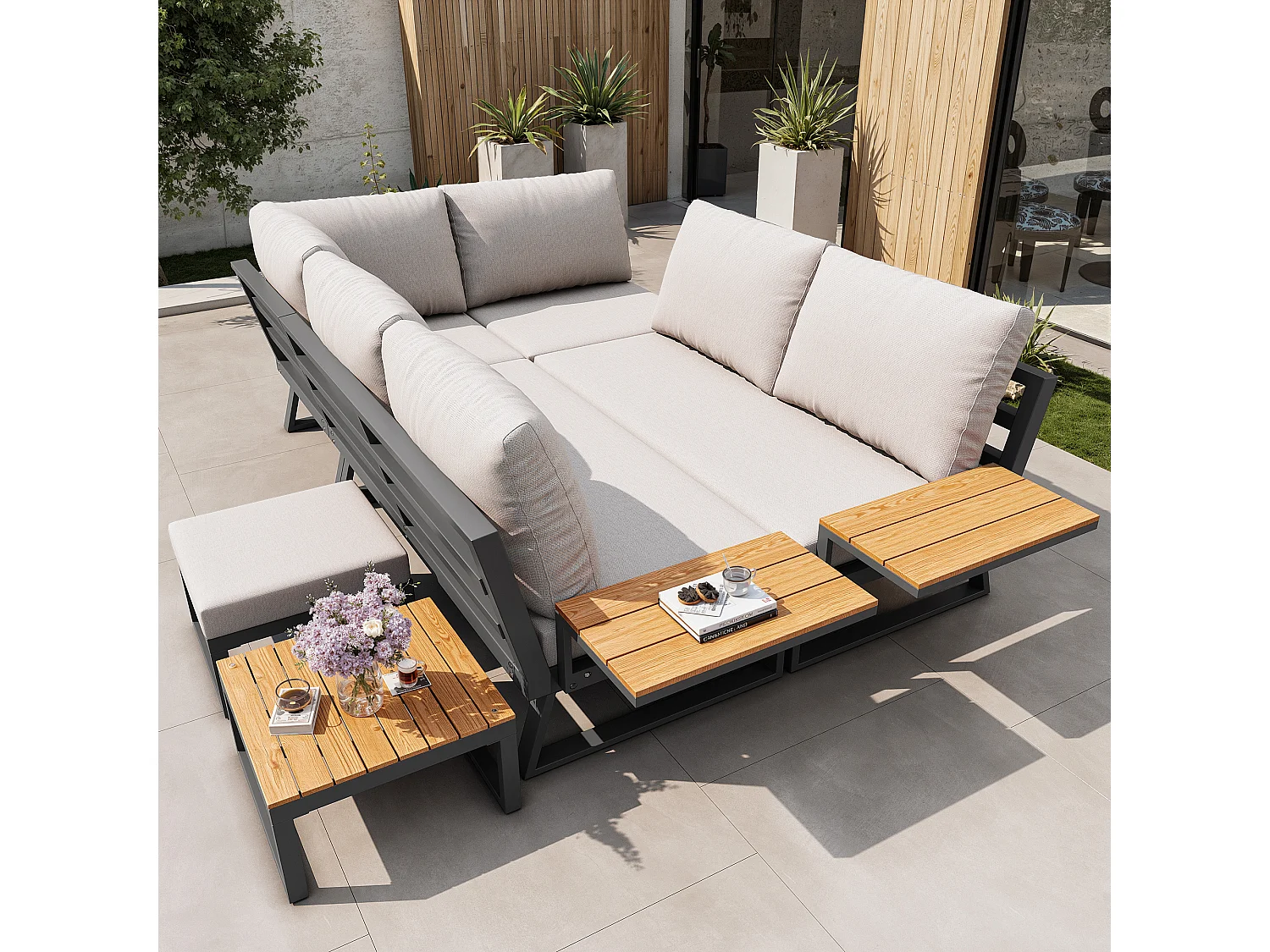 Salon de jardin, ensemble de meubles en bois-plastique pour 6-7 personnes  - canapé d'angle - en fer galvanisé - tables - 1 Chaise - banc, Beige