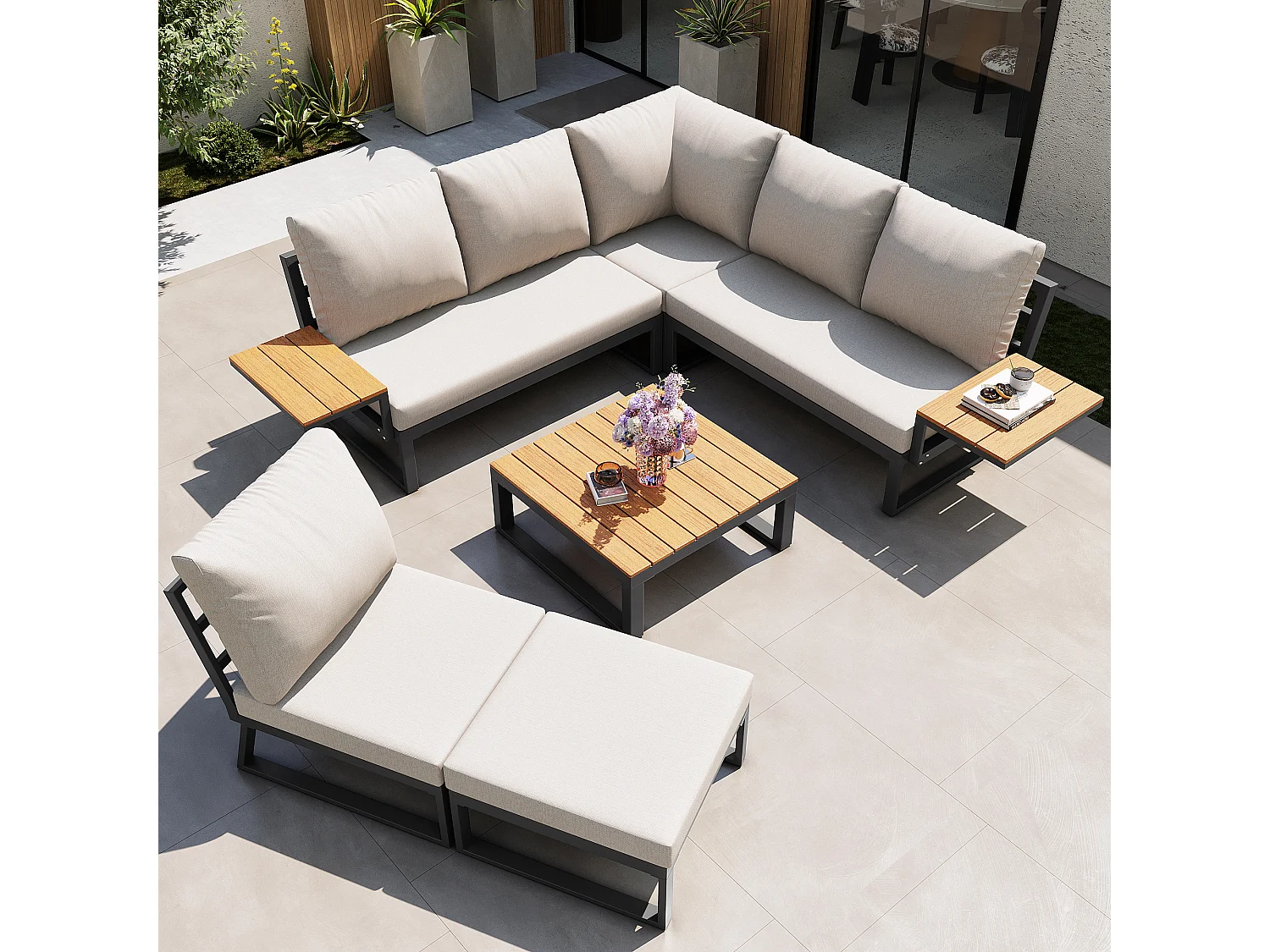 Salon de jardin, ensemble de meubles en bois-plastique pour 6-7 personnes  - canapé d'angle - en fer galvanisé - tables - 1 Chaise - banc, Beige