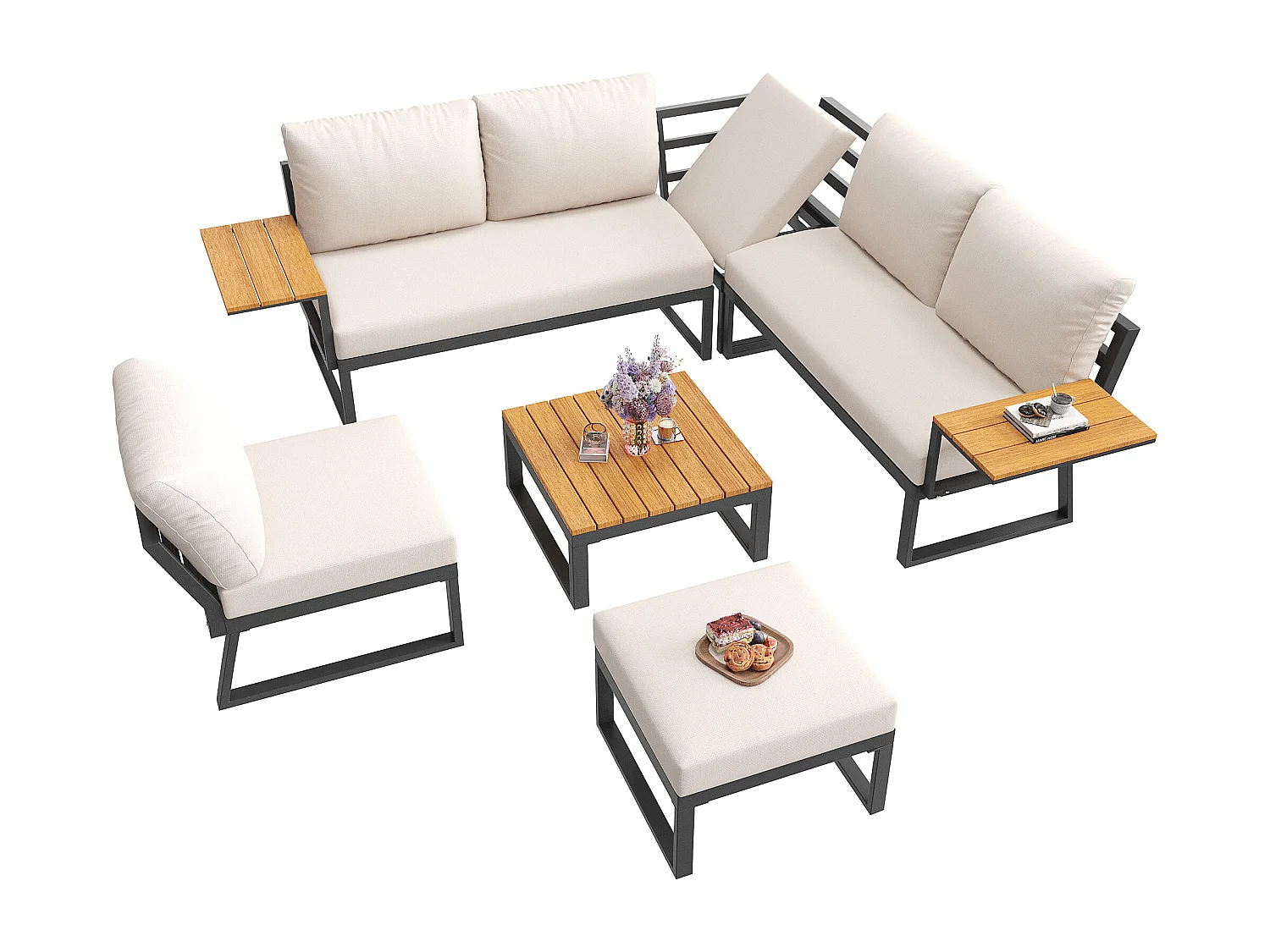 Salon de jardin, ensemble de meubles en bois-plastique pour 6-7 personnes  - canapé d'angle - en fer galvanisé - tables - 1 Chaise - banc, Beige