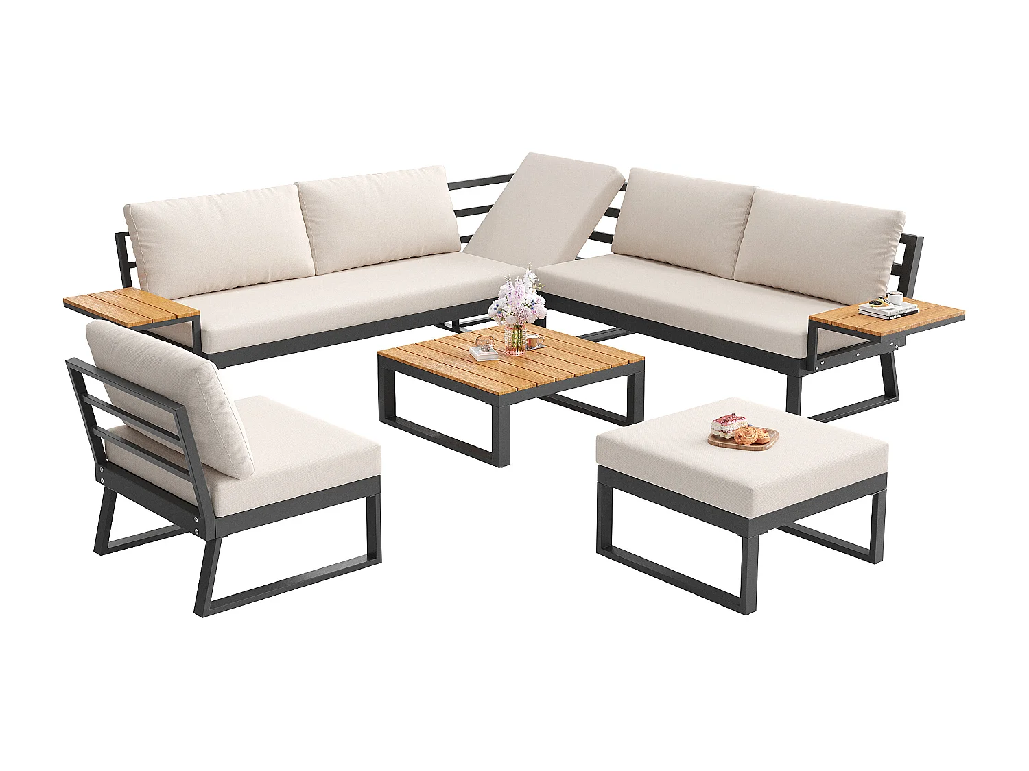 Salon de jardin, ensemble de meubles en bois-plastique pour 6-7 personnes  - canapé d'angle - en fer galvanisé - tables - 1 Chaise - banc, Beige