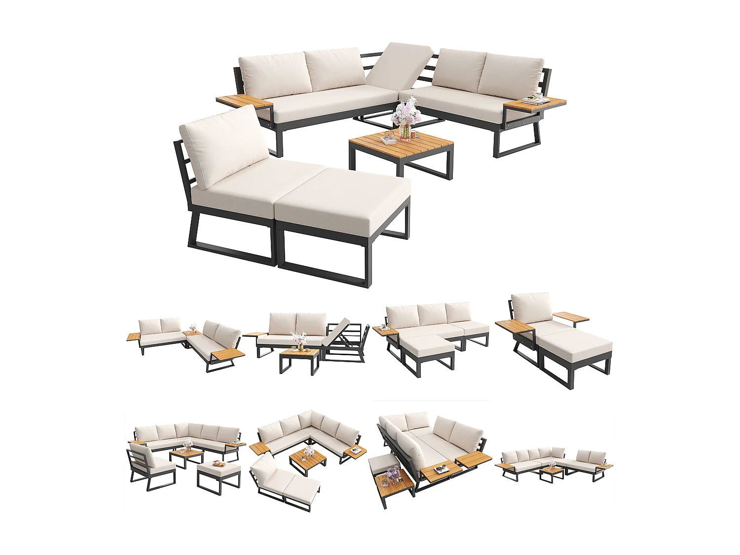 Salon de jardin, ensemble de meubles en bois-plastique pour 6-7 personnes  - canapé d'angle - en fer galvanisé - tables - 1 Chaise - banc, Beige