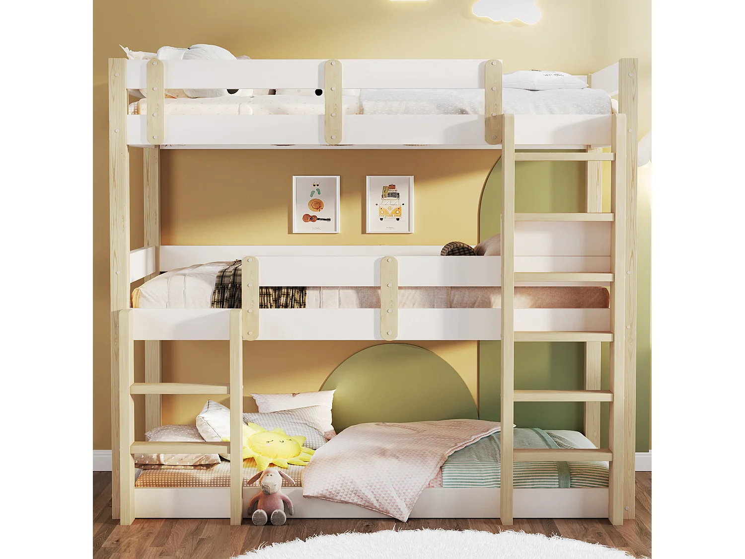 Stapelbed 90x190 cm - Driepersoonsbed - met veiligheidstrap - Wit + natuur​ (matras niet inbegrepen)