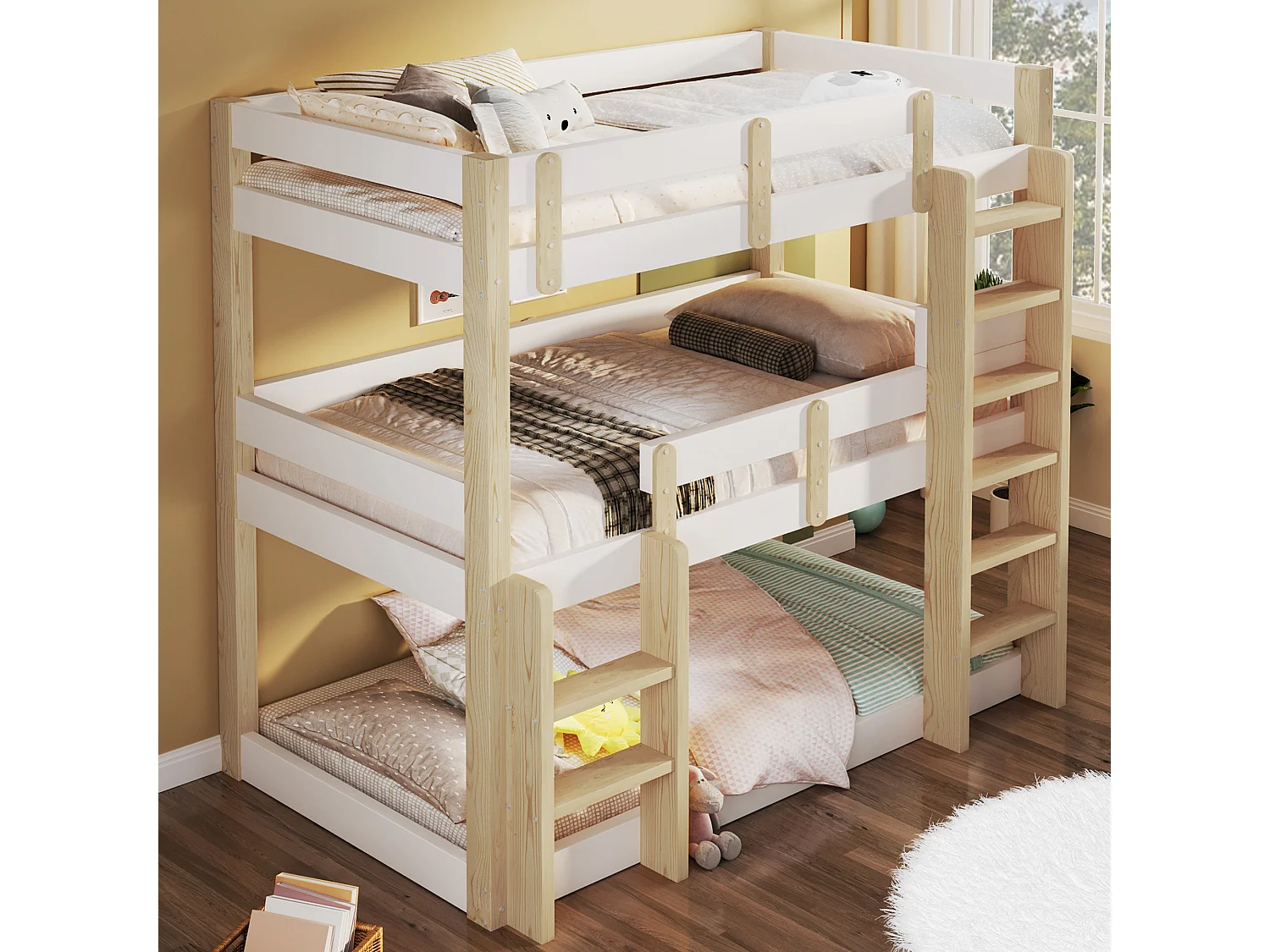 Stapelbed 90x190 cm - Driepersoonsbed - met veiligheidstrap - Wit + natuur​ (matras niet inbegrepen)