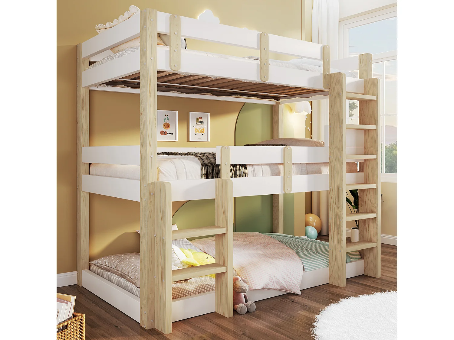 Stapelbed 90x190 cm - Driepersoonsbed - met veiligheidstrap - Wit + natuur​ (matras niet inbegrepen)