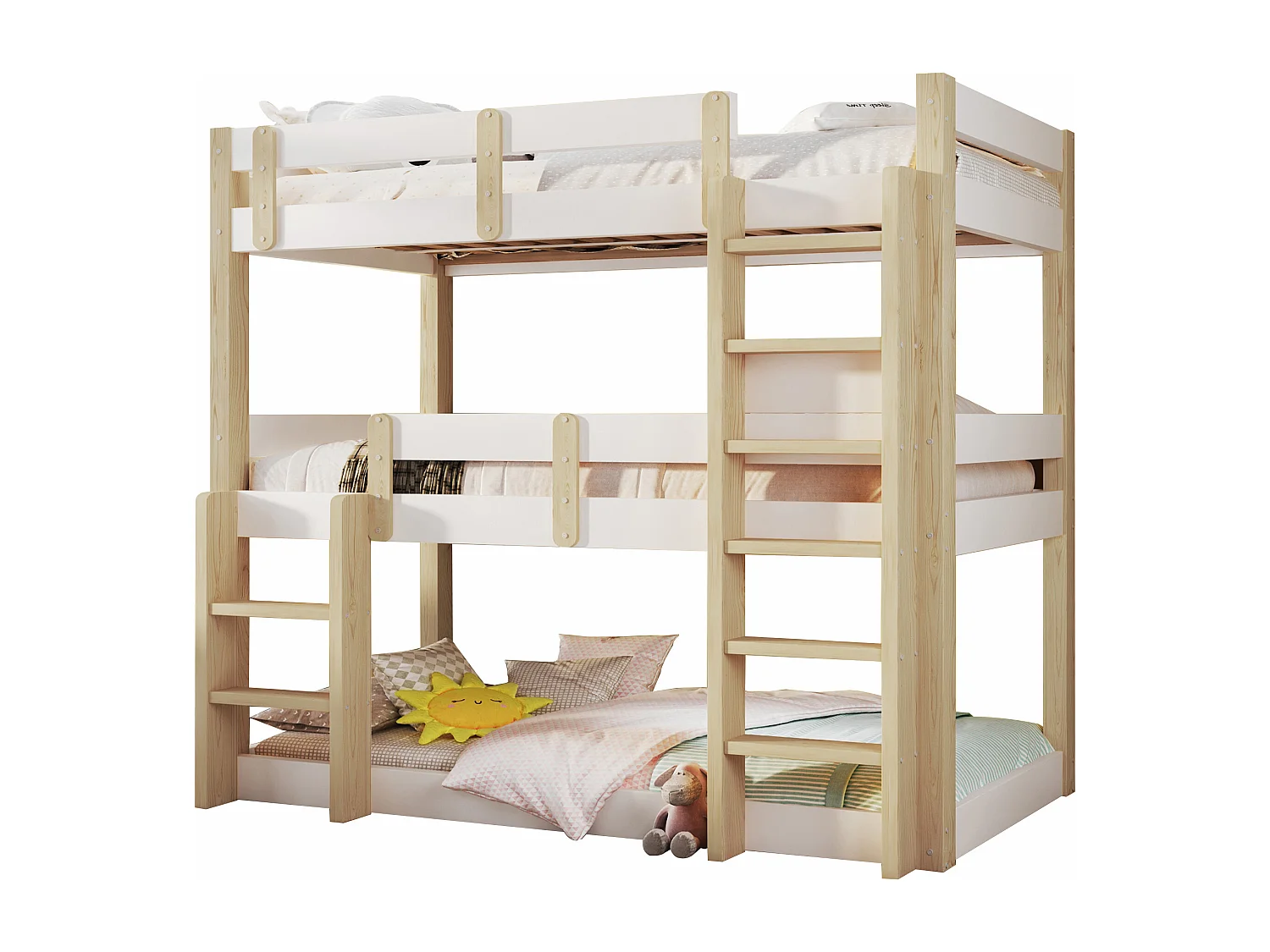 Stapelbed 90x190 cm - Driepersoonsbed - met veiligheidstrap - Wit + natuur​ (matras niet inbegrepen)