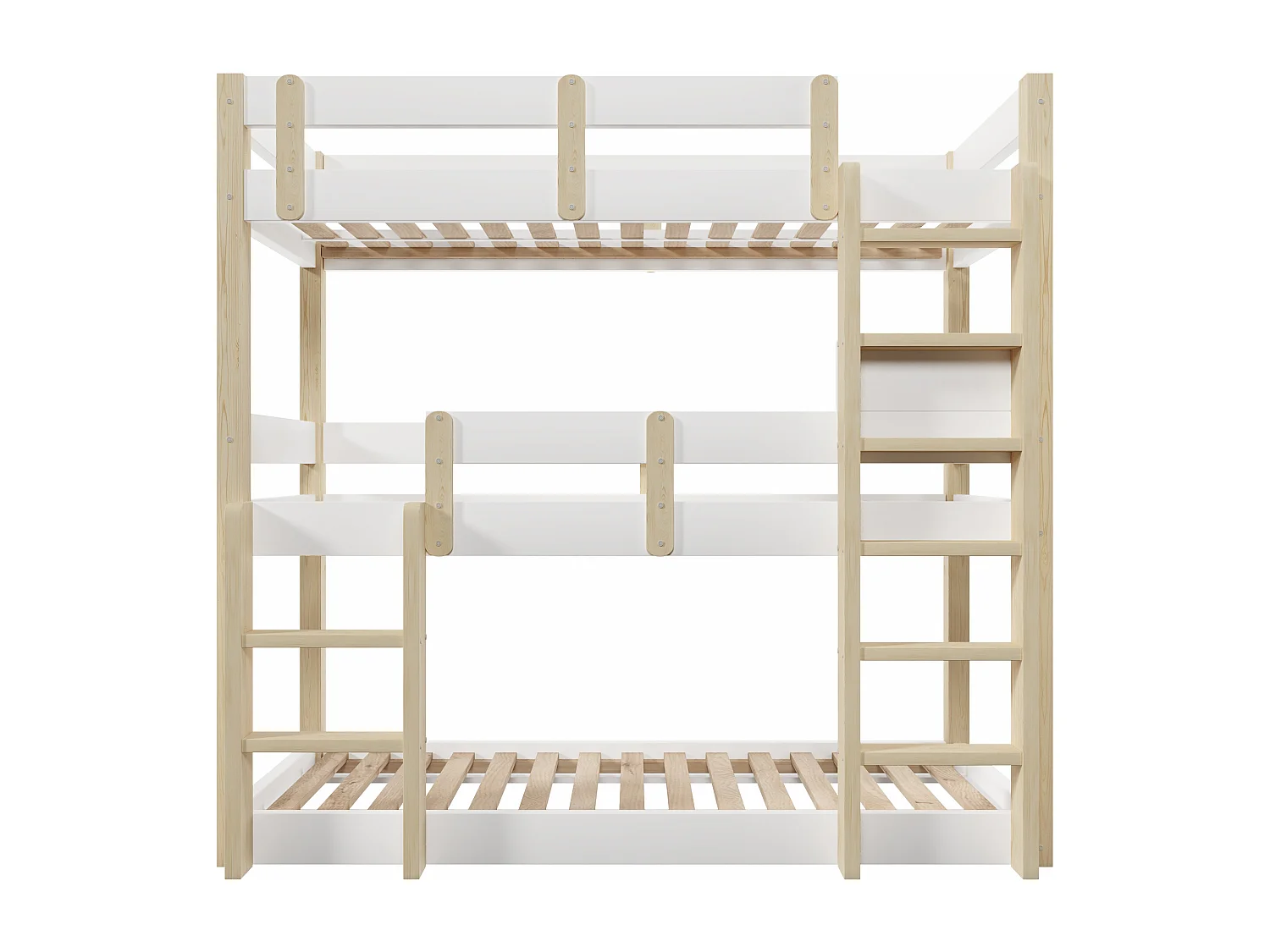 Stapelbed 90x190 cm - Driepersoonsbed - met veiligheidstrap - Wit + natuur​ (matras niet inbegrepen)