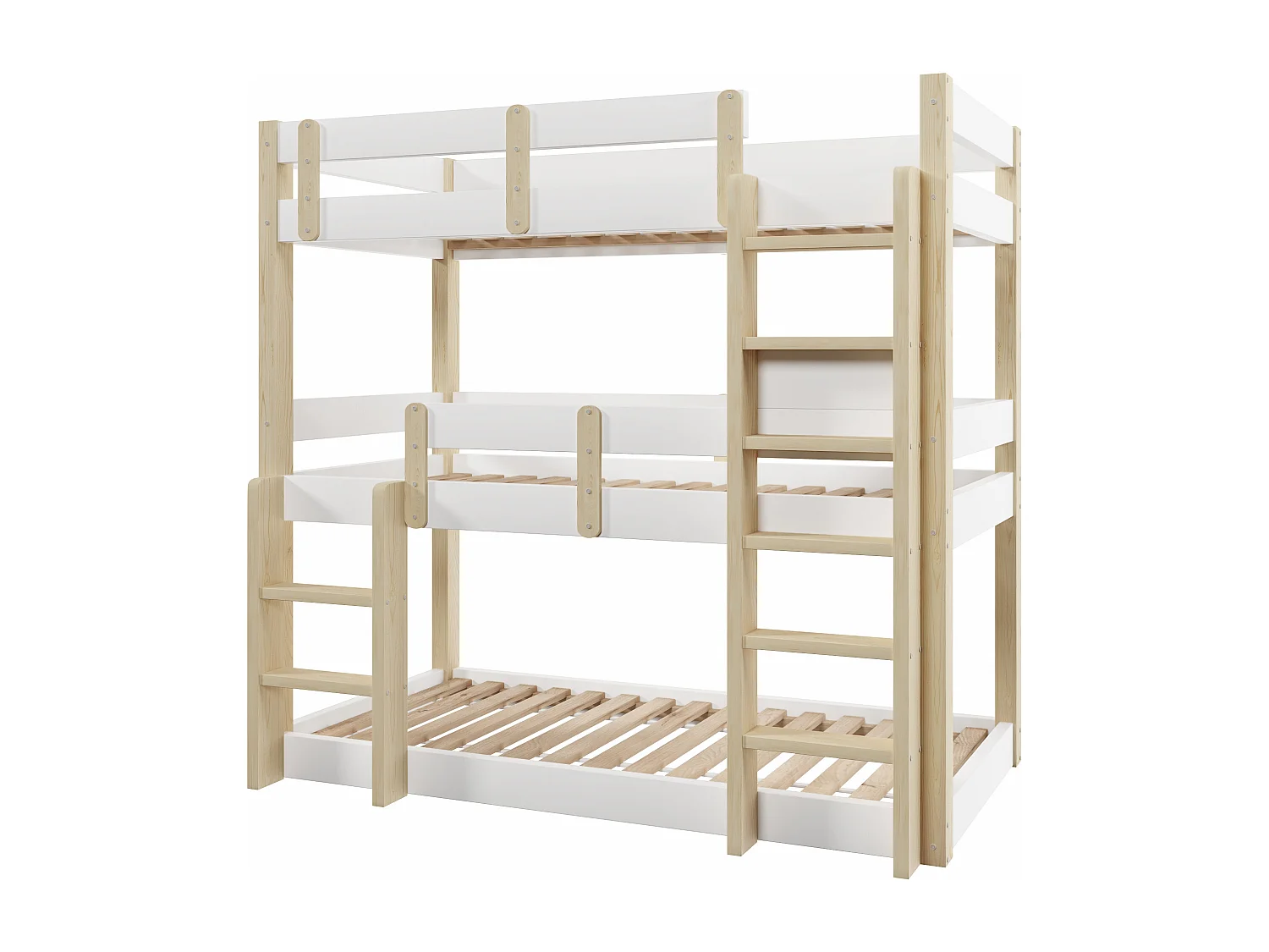 Stapelbed 90x190 cm - Driepersoonsbed - met veiligheidstrap - Wit + natuur​ (matras niet inbegrepen)