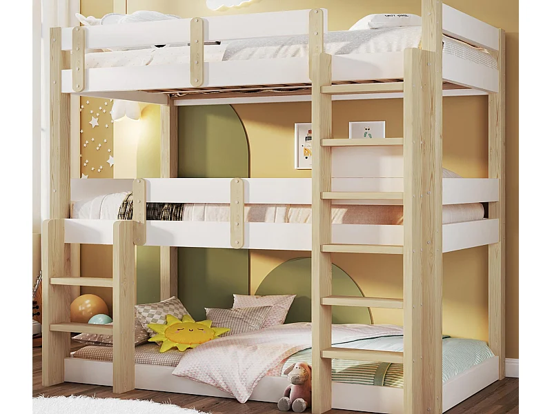 Stapelbed 90x190 cm - Driepersoonsbed - met veiligheidstrap - Wit + natuur​ (matras niet inbegrepen)