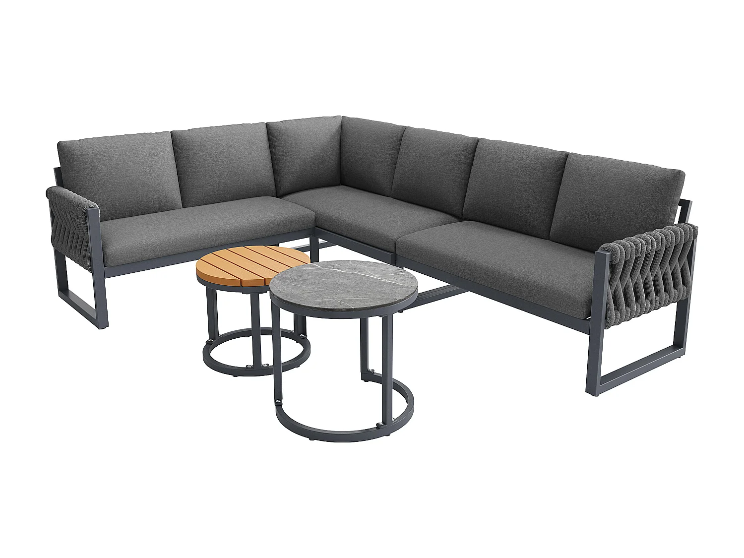 Salon ogrodowy, zestaw mebli na 5-6 osób, lin, z żelaza ocynkowanego, kanapa narożna, 2 stoliki kawowe, Szary