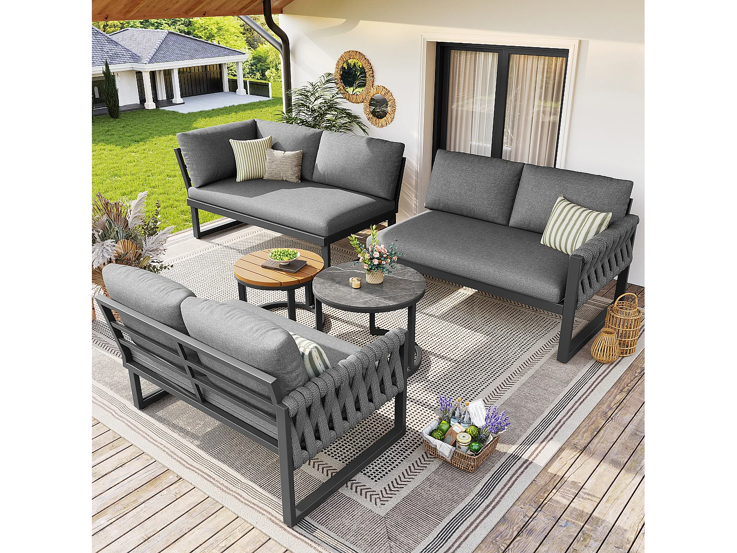 Garden furniture set, for 5-6 people, rope detailing, galvanized iron, corner sofa, 2 coffee tables, Grey
