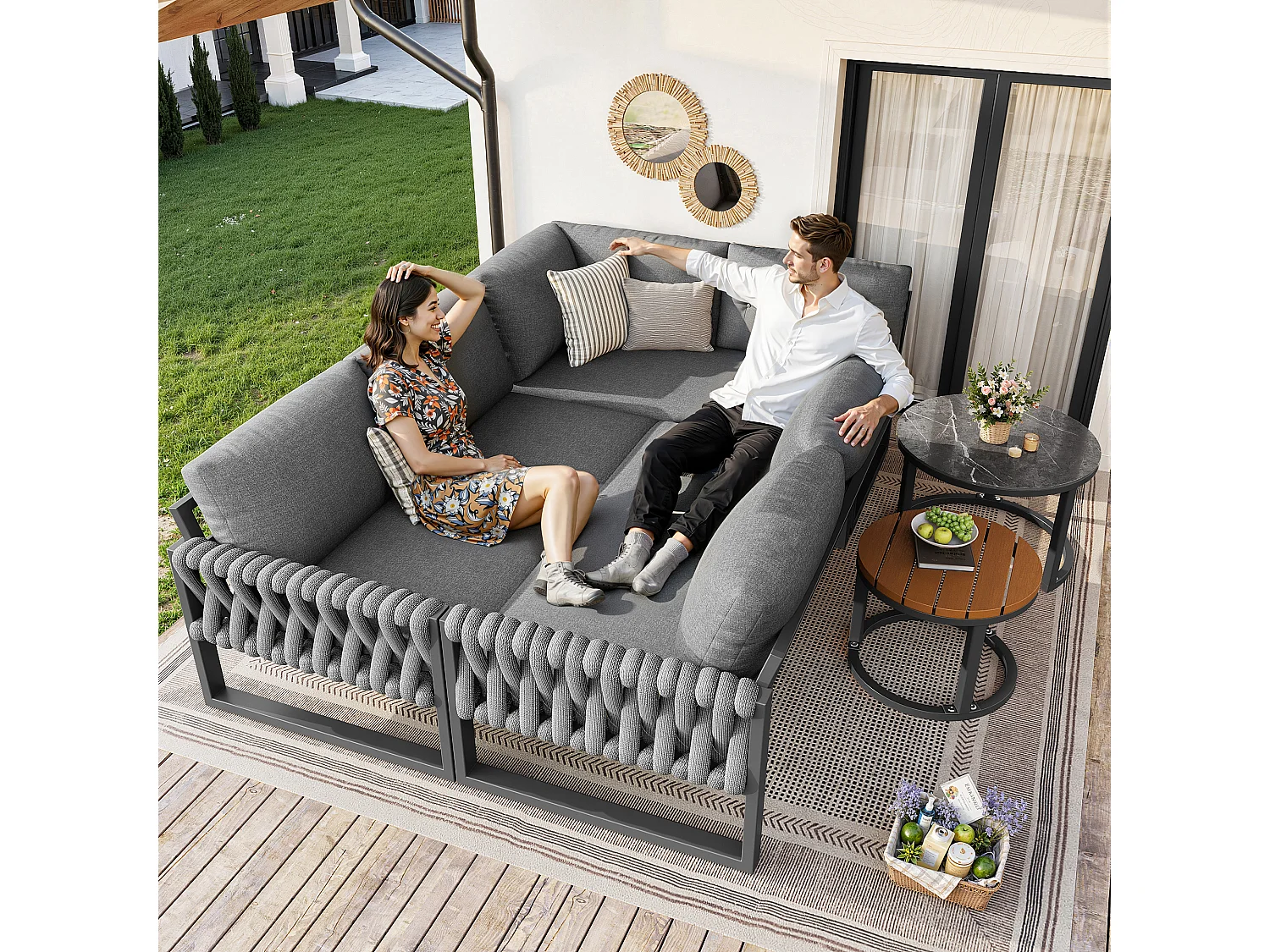 Garden furniture set, for 5-6 people, rope detailing, galvanized iron, corner sofa, 2 coffee tables, Grey