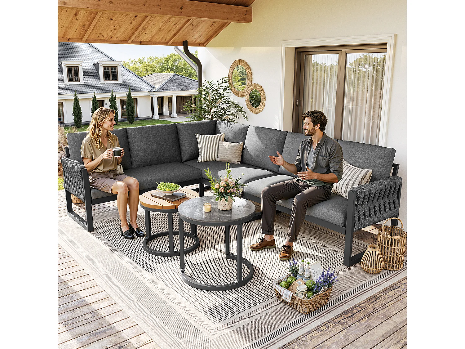 Garden furniture set, for 5-6 people, rope detailing, galvanized iron, corner sofa, 2 coffee tables, Grey