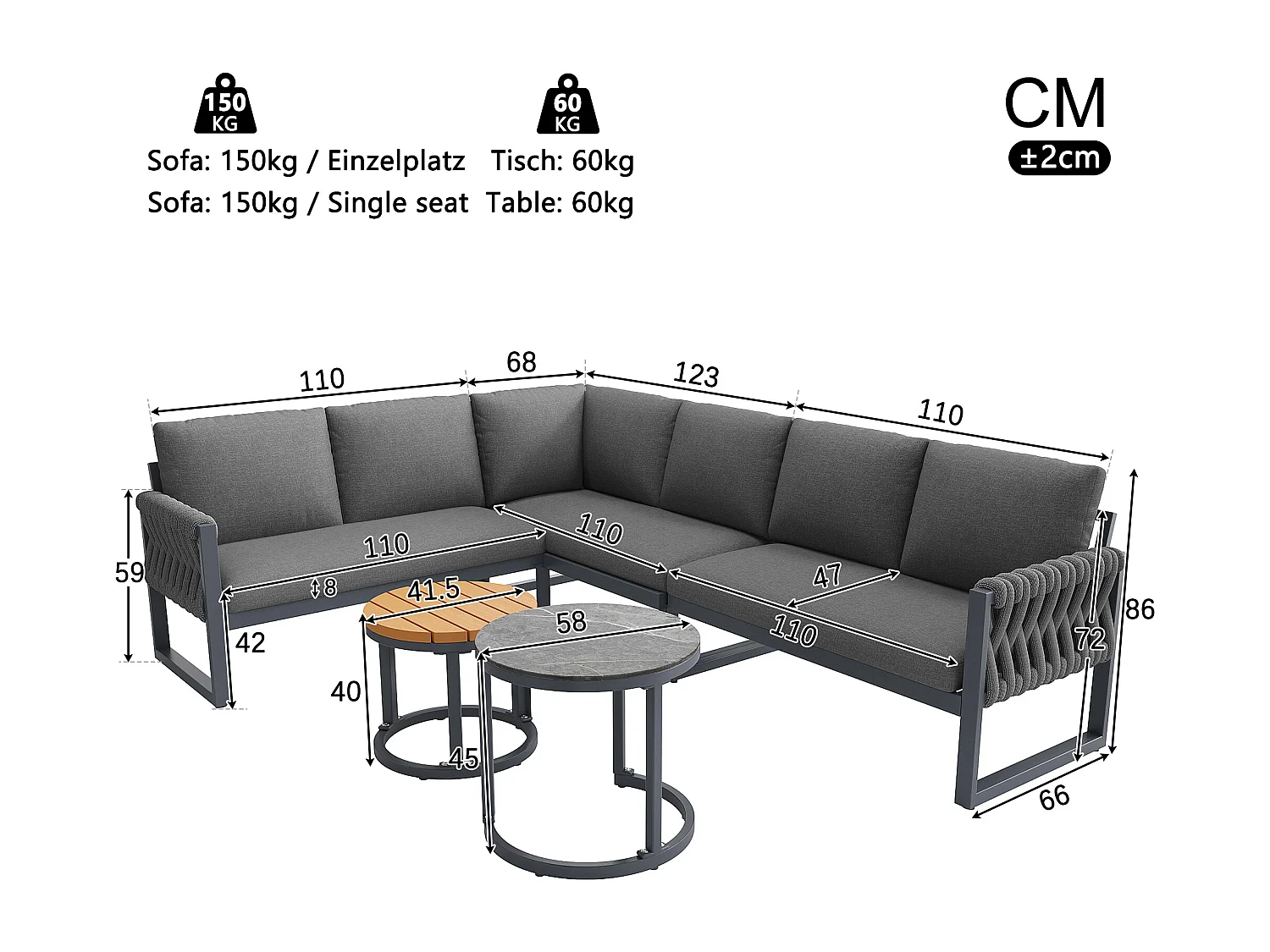 Garden furniture set, for 5-6 people, rope detailing, galvanized iron, corner sofa, 2 coffee tables, Grey