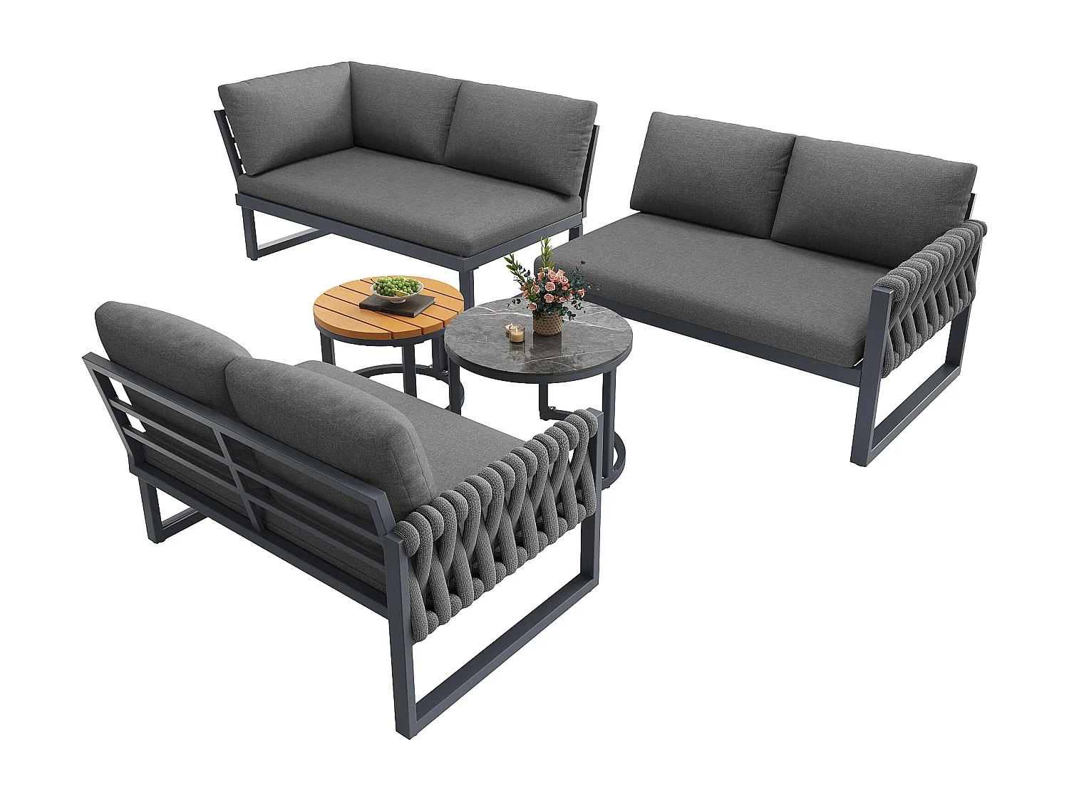 Garden furniture set, for 5-6 people, rope detailing, galvanized iron, corner sofa, 2 coffee tables, Grey