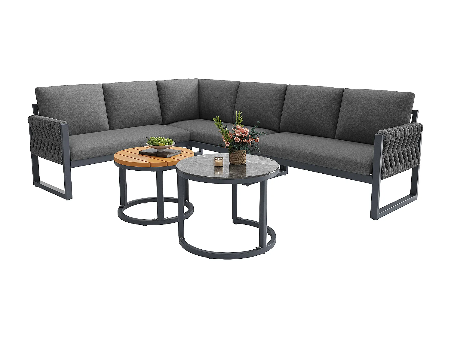 Garden furniture set, for 5-6 people, rope detailing, galvanized iron, corner sofa, 2 coffee tables, Grey