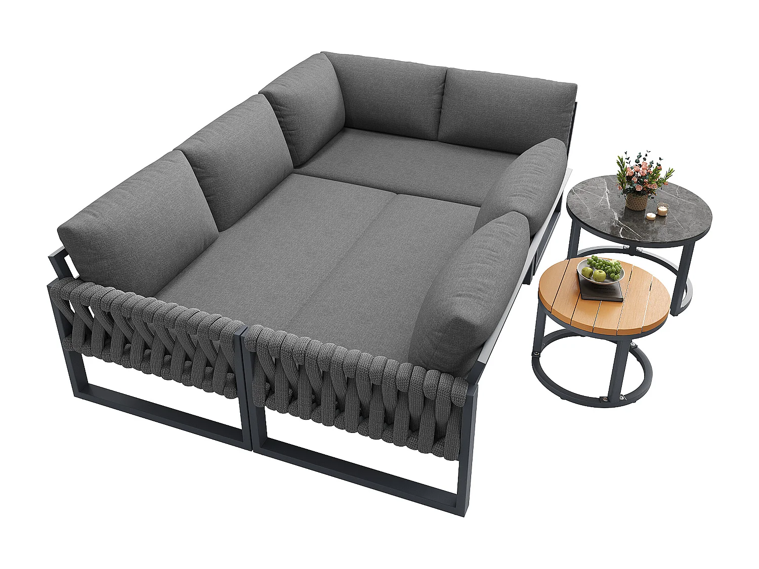 Garden furniture set, for 5-6 people, rope detailing, galvanized iron, corner sofa, 2 coffee tables, Grey