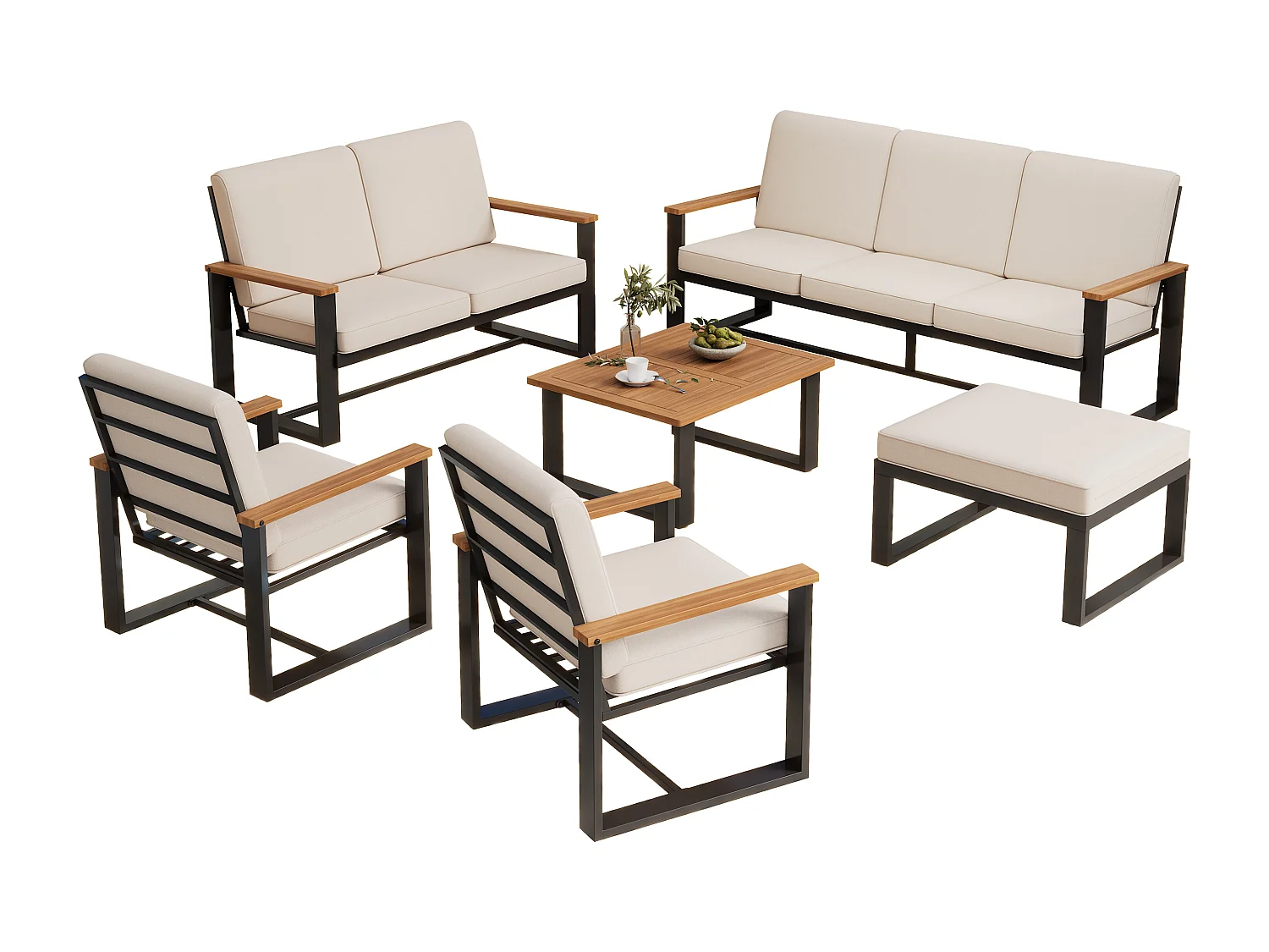 Tuinsalon 7-8 zitplaatsen - van licht gegalvaniseerd ijzer - 1 bank 3-zits - 1 bank 2-zits - 2 fauteuils en salontafel - 1 kruk - Beige