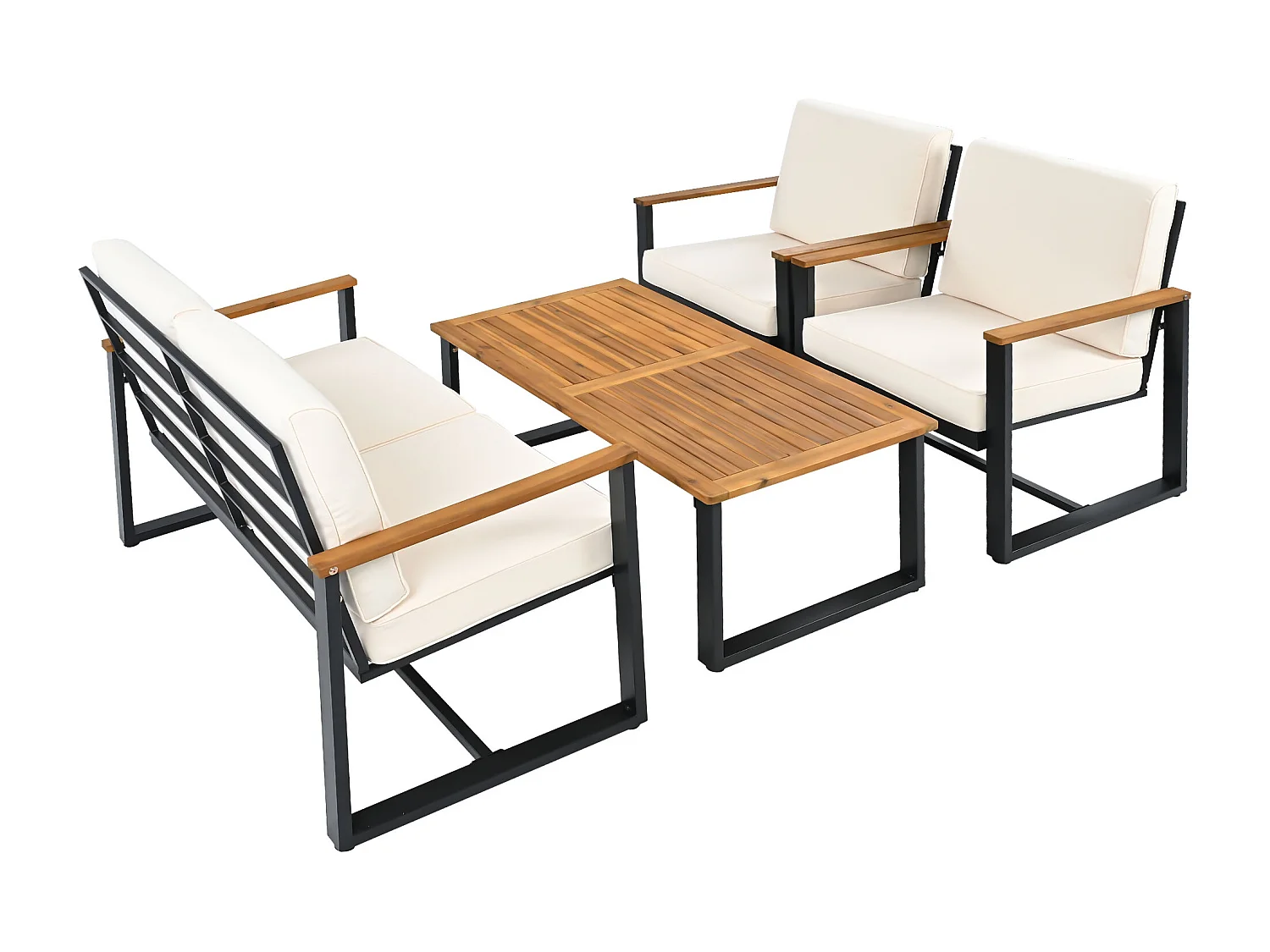 Tuinsalon 7-8 zitplaatsen - van licht gegalvaniseerd ijzer - 1 bank 3-zits - 1 bank 2-zits - 2 fauteuils en salontafel - 1 kruk - Beige