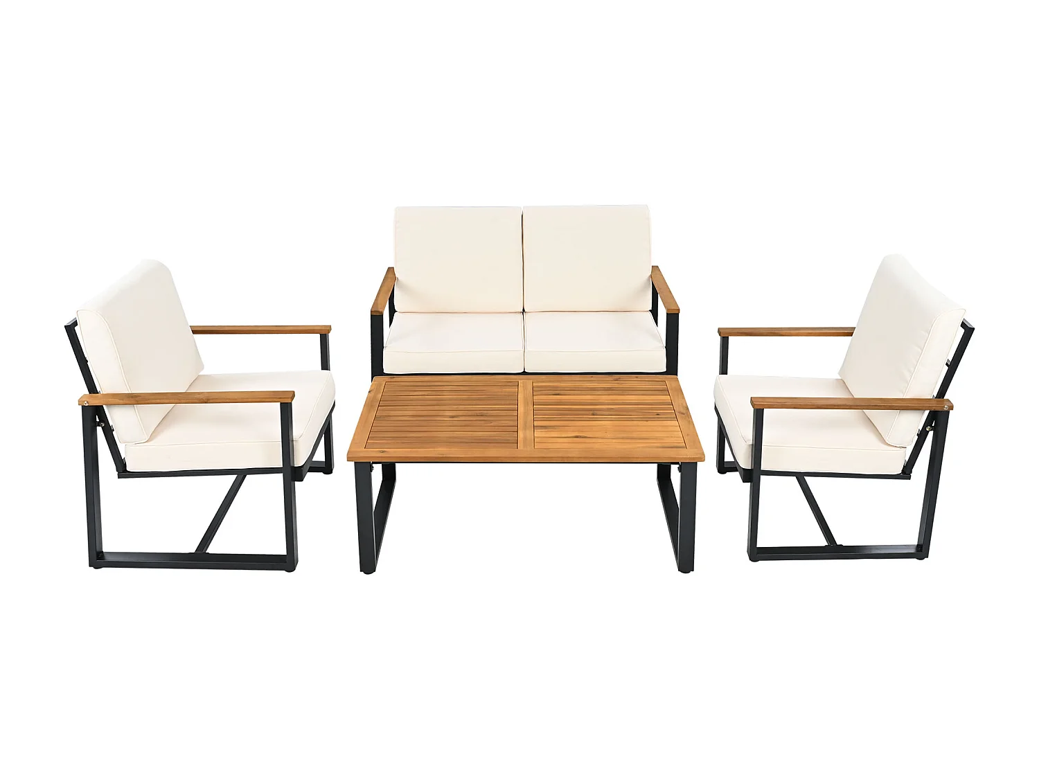 Tuinsalon 7-8 zitplaatsen - van licht gegalvaniseerd ijzer - 1 bank 3-zits - 1 bank 2-zits - 2 fauteuils en salontafel - 1 kruk - Beige